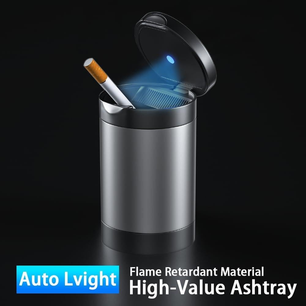 Cenicero de coche Tmengdao YHG01 con luz LED y tapa gris