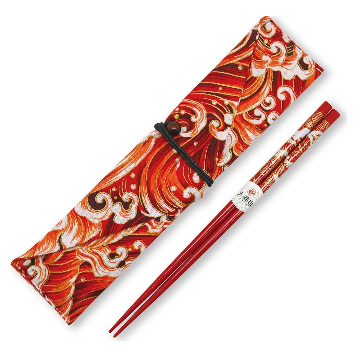 Palillos Reutilizables de Bambú LANHUTHS con Estuche Olas Rojas