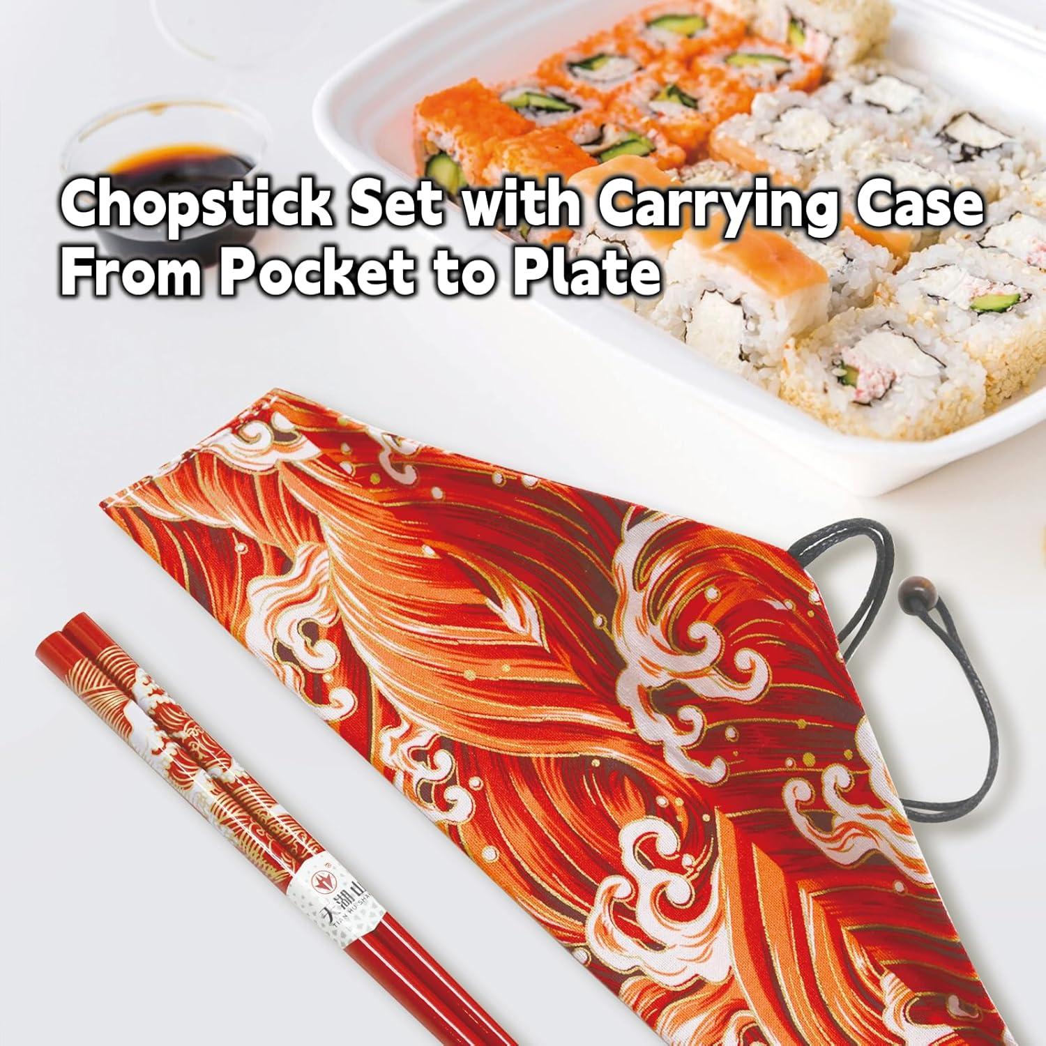 Palillos Reutilizables de Bambú LANHUTHS con Estuche Olas Rojas