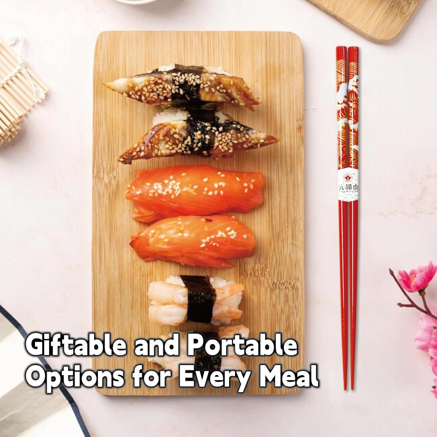 Palillos Reutilizables de Bambú LANHUTHS con Estuche Olas Rojas