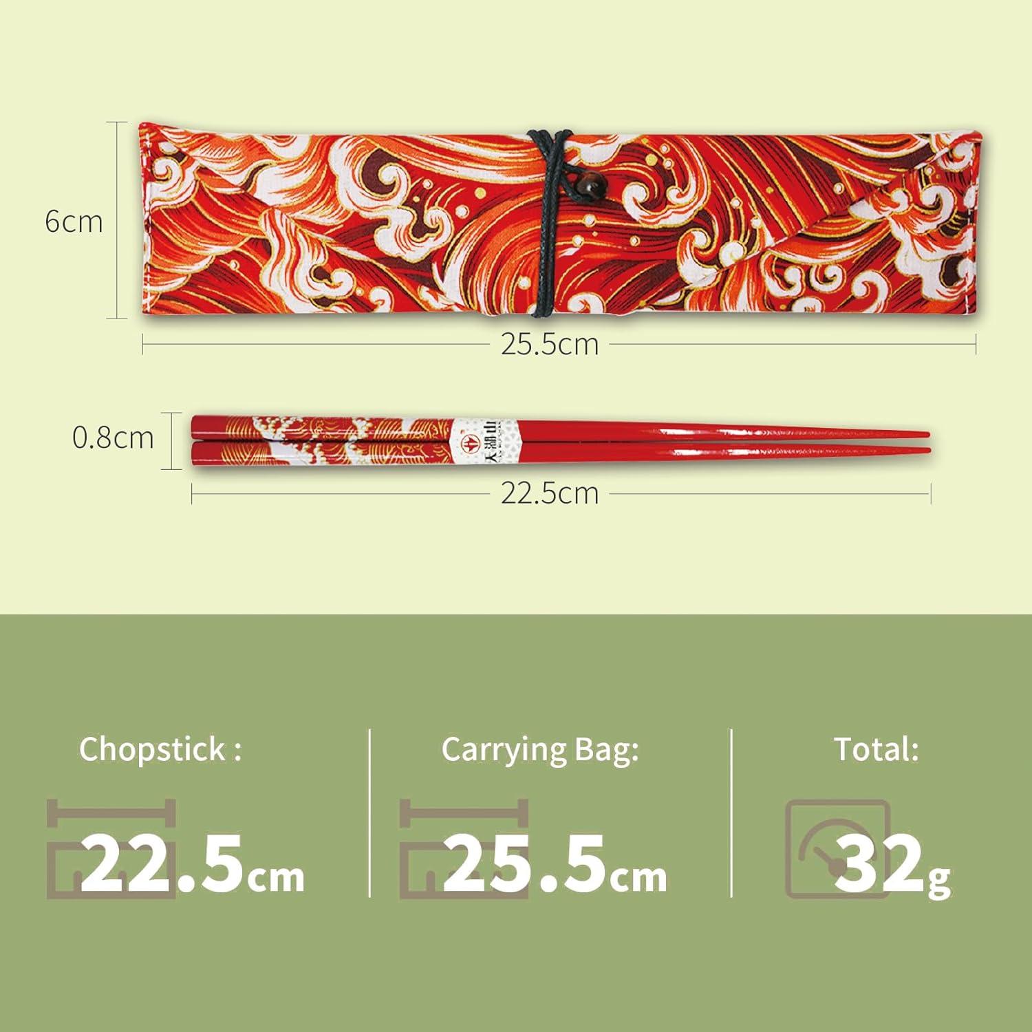 Palillos Reutilizables de Bambú LANHUTHS con Estuche Olas Rojas