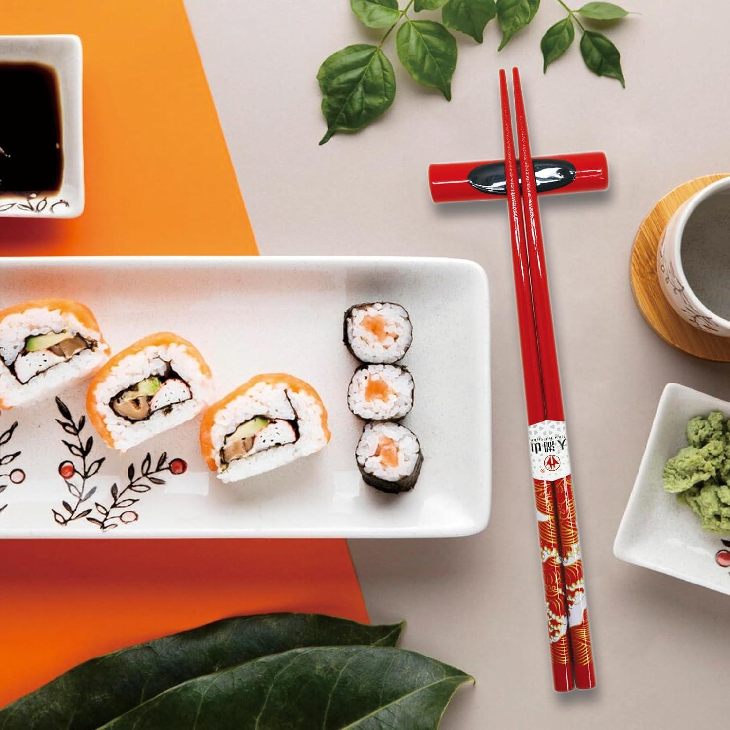 Palillos Reutilizables de Bambú LANHUTHS con Estuche Olas Rojas