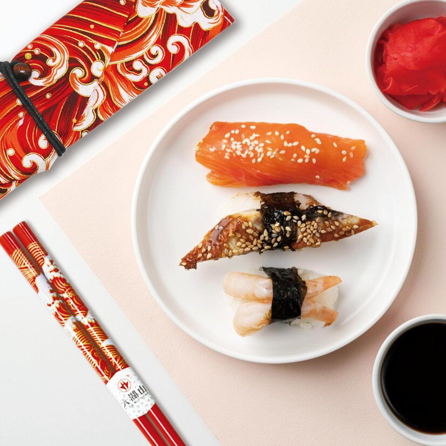 Palillos Reutilizables de Bambú LANHUTHS con Estuche Olas Rojas