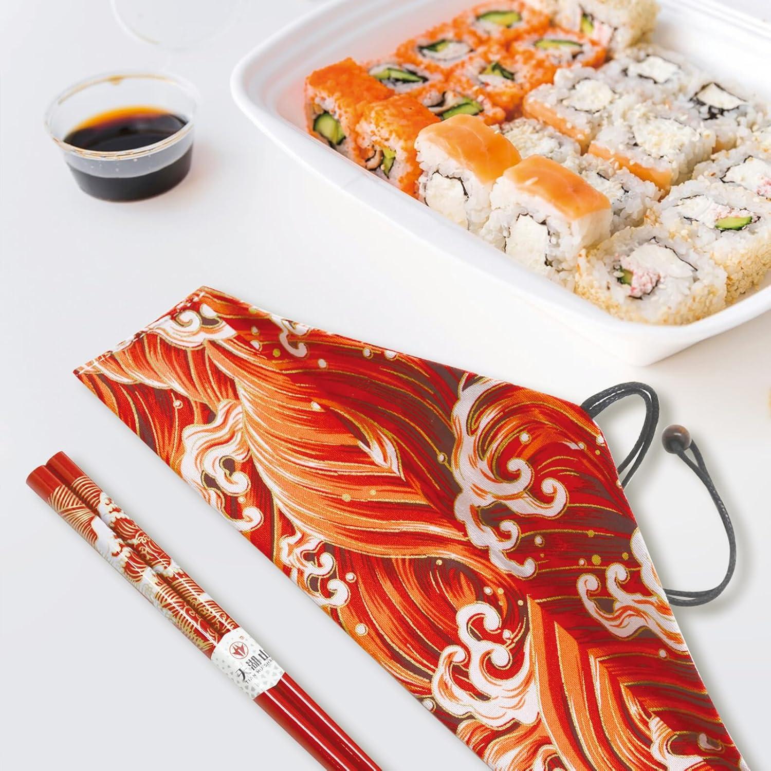 Palillos Reutilizables de Bambú LANHUTHS con Estuche Olas Rojas