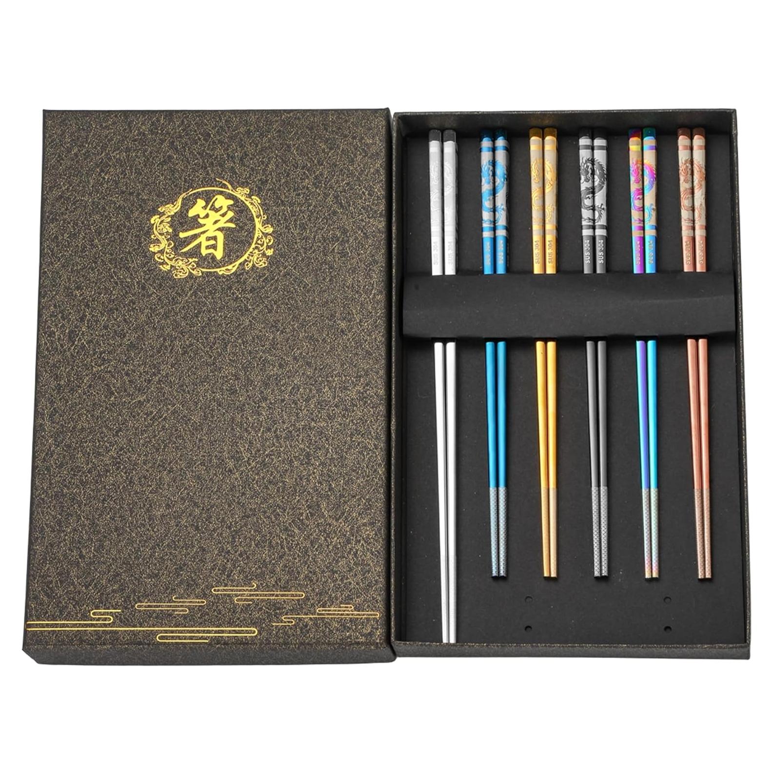 6 Pares de Palillos Reutilizables de Acero Inoxidable 304 con Dragón