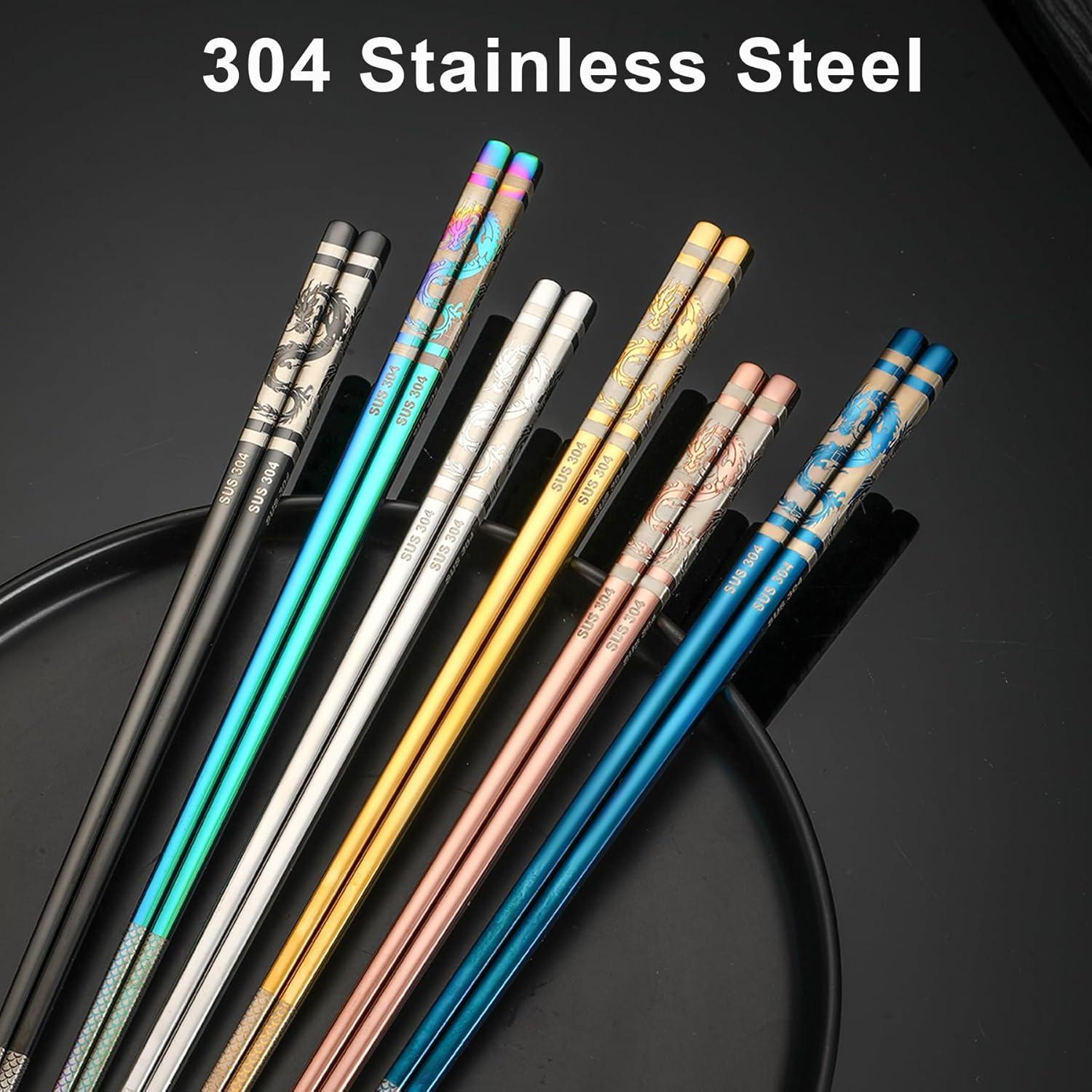 6 Pares de Palillos Reutilizables de Acero Inoxidable 304 con Dragón