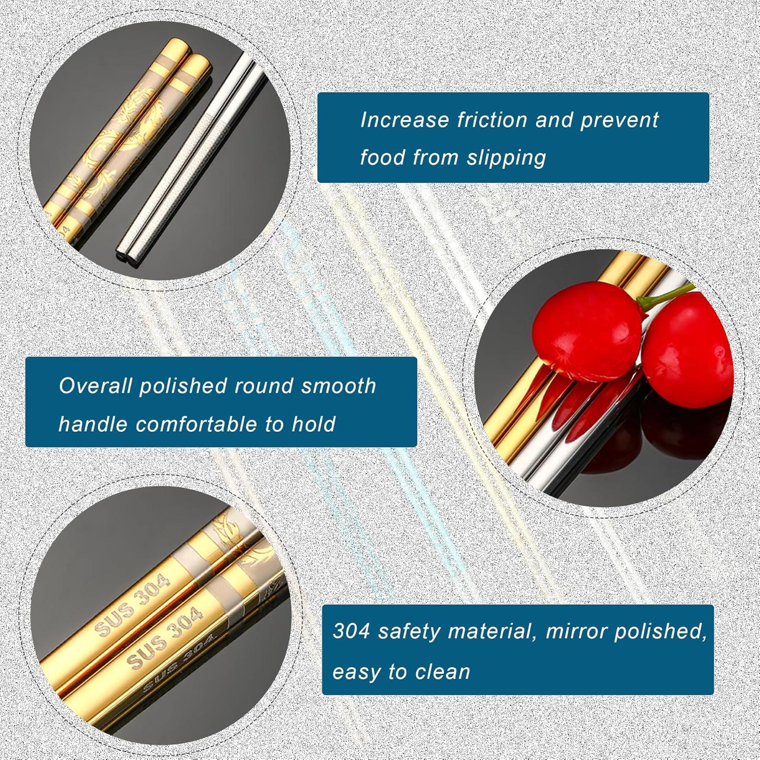 6 Pares de Palillos Reutilizables de Acero Inoxidable 304 con Dragón