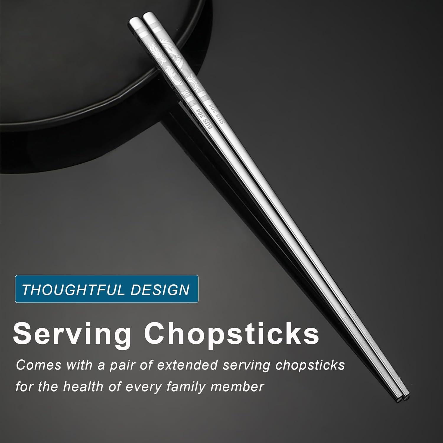 6 Pares de Palillos Reutilizables de Acero Inoxidable 304 con Dragón