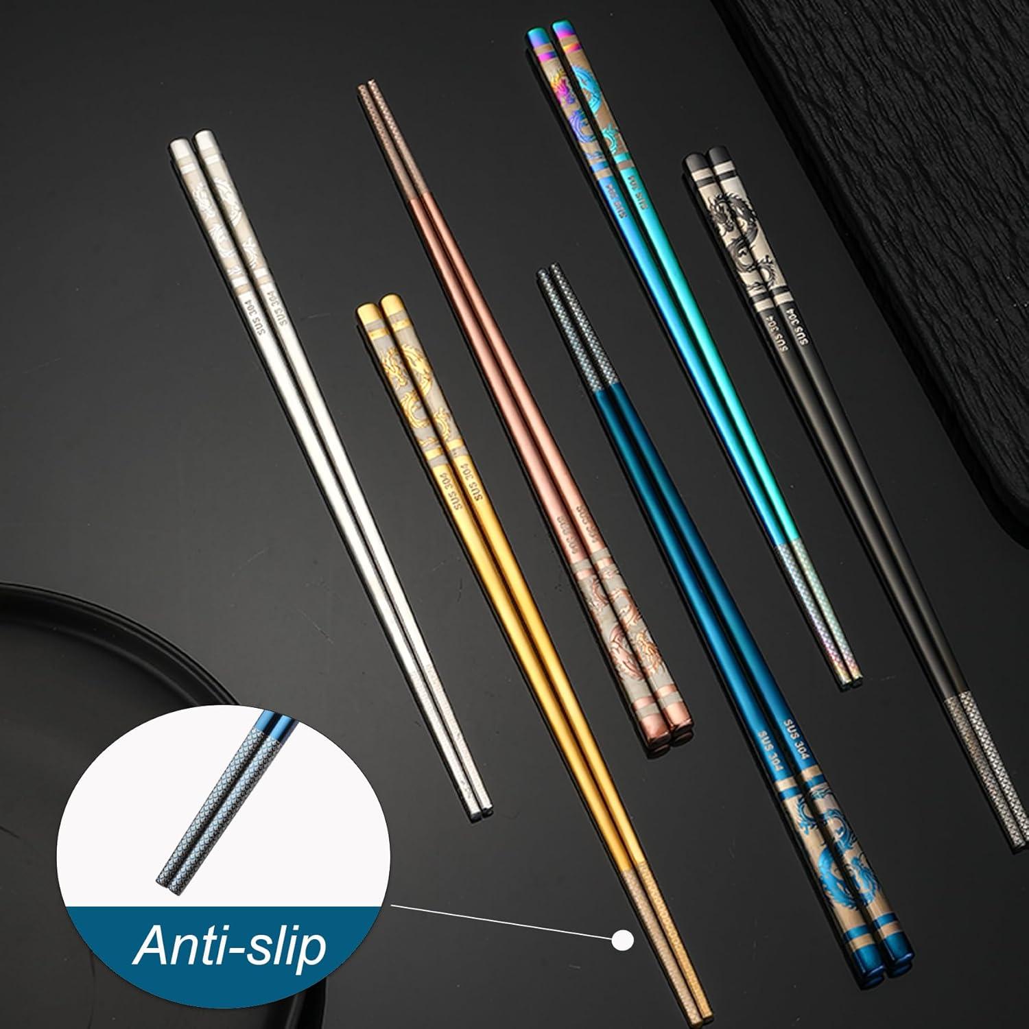 6 Pares de Palillos Reutilizables de Acero Inoxidable 304 con Dragón