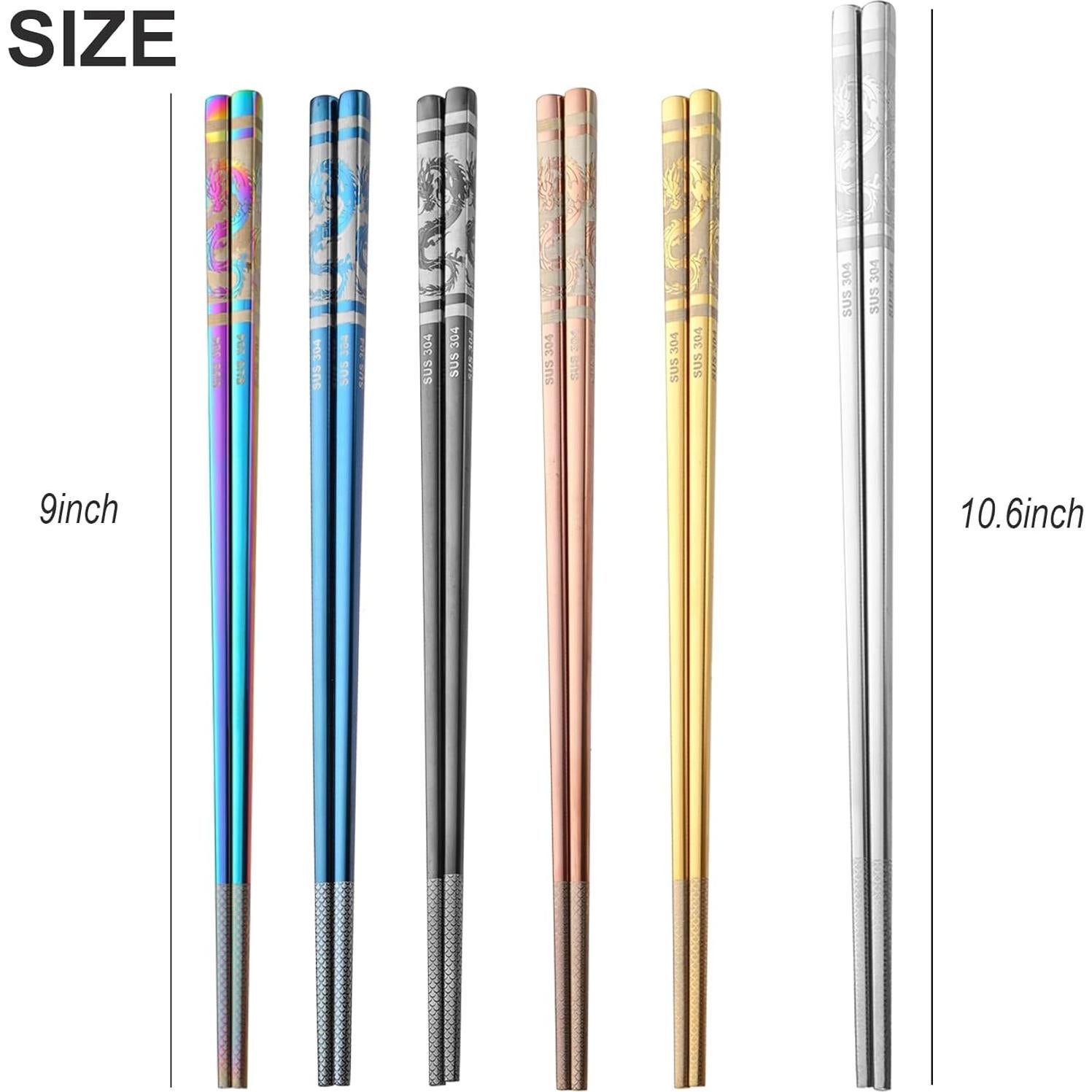 6 Pares de Palillos Reutilizables de Acero Inoxidable 304 con Dragón