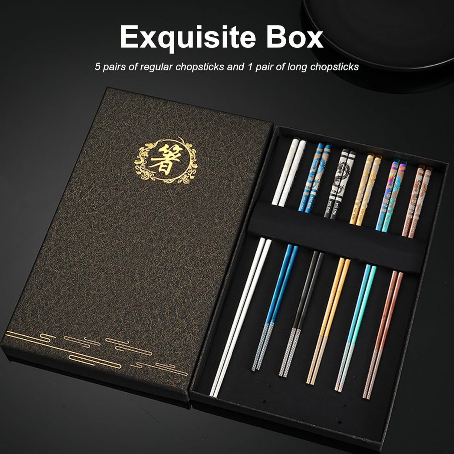 6 Pares de Palillos Reutilizables de Acero Inoxidable 304 con Dragón