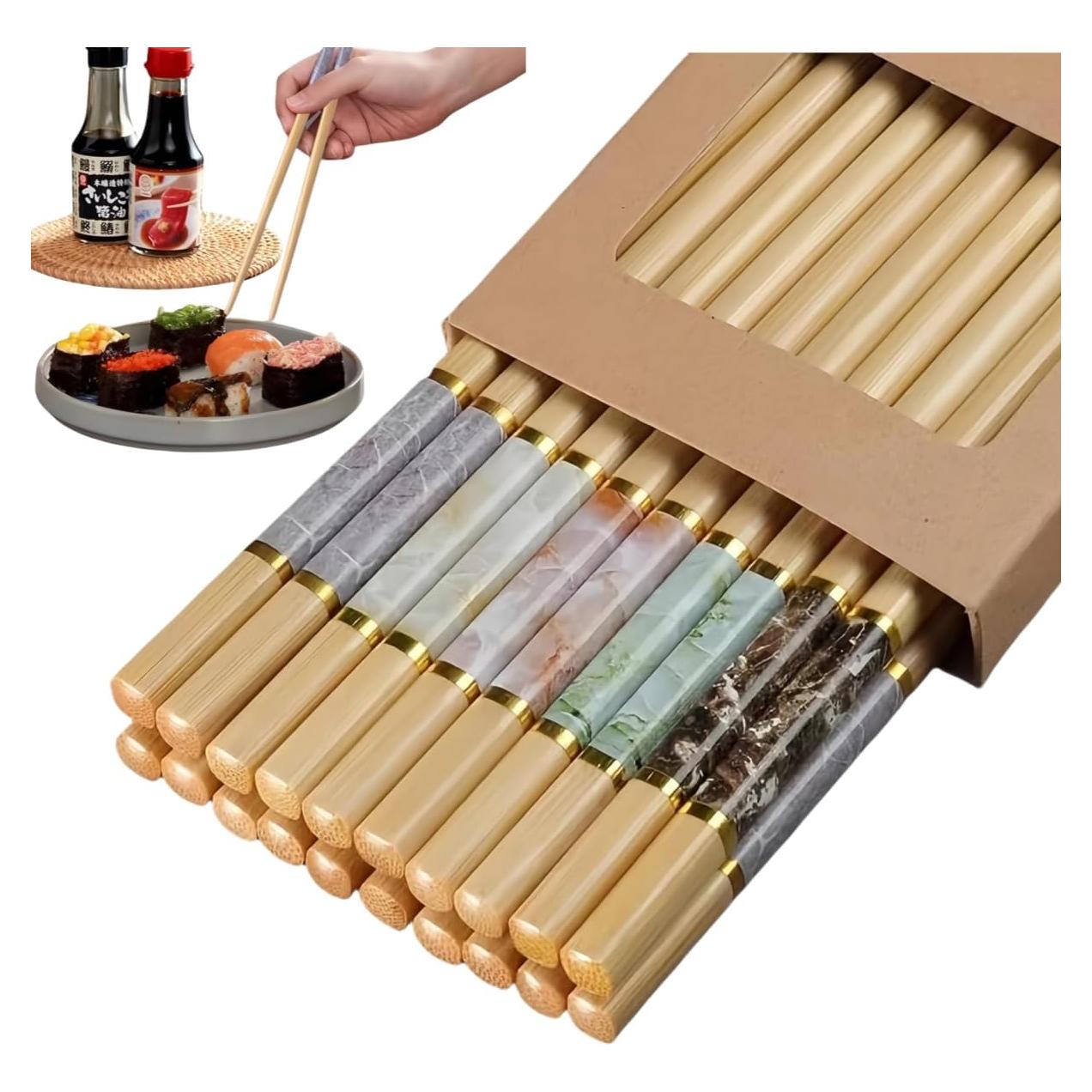 Juego de 10 Pares de Palillos de Bambú Reutilizables 24 cm