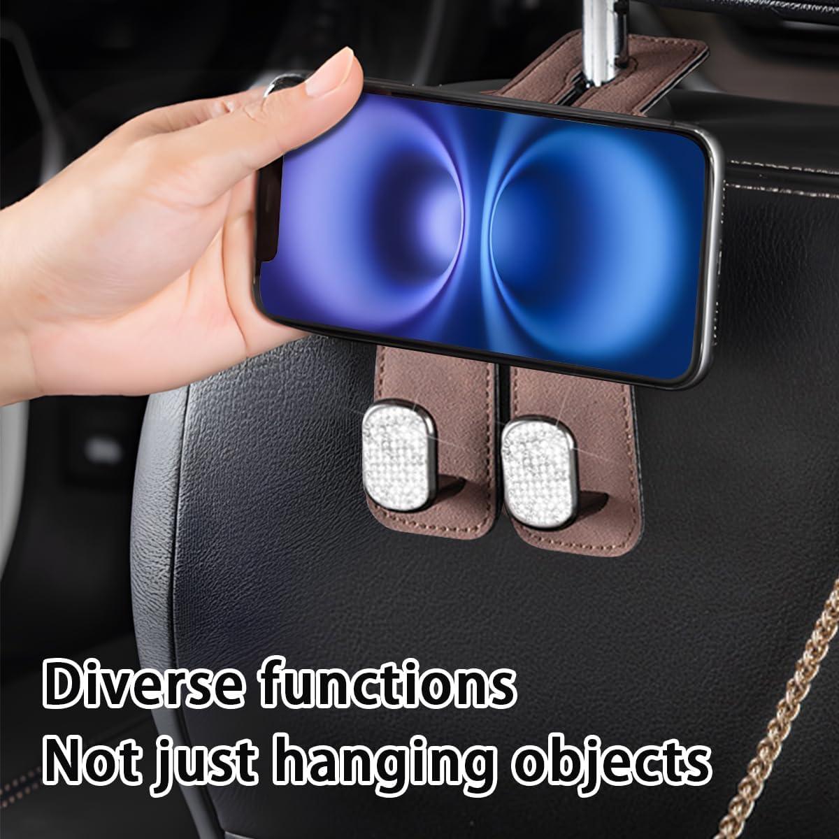 2PCS Bling Car Seat Headrest Hook, Crystal Rhinestone Vehicle Seat Back Storage Hanger for Coats Grocery Handbag, Diamond Auto Interior Organization Hook, Universal for Most Cars (Dark Brown)