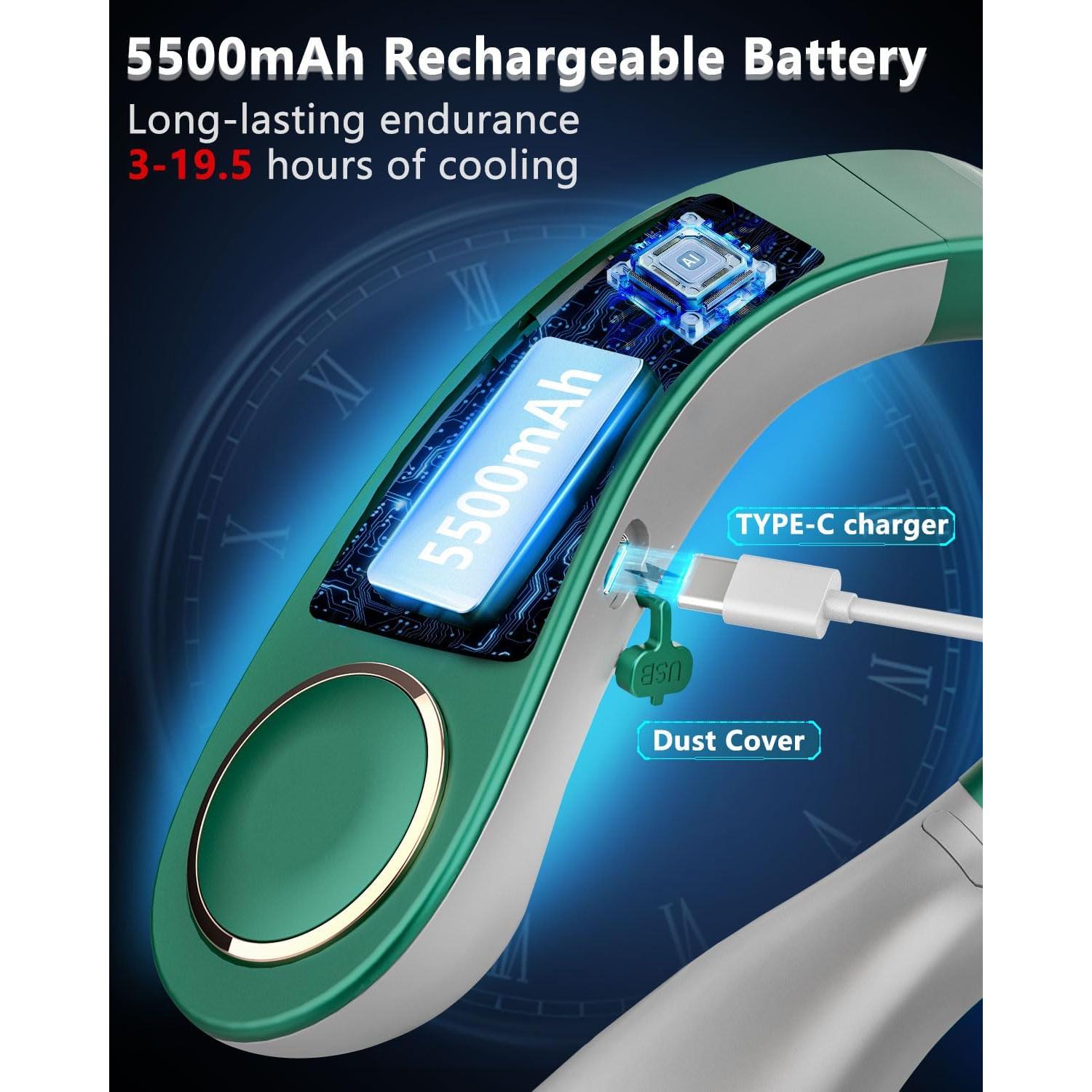 Acondicionador de Aire de Cuello QMKKX Verde Portátil Batería Recargable