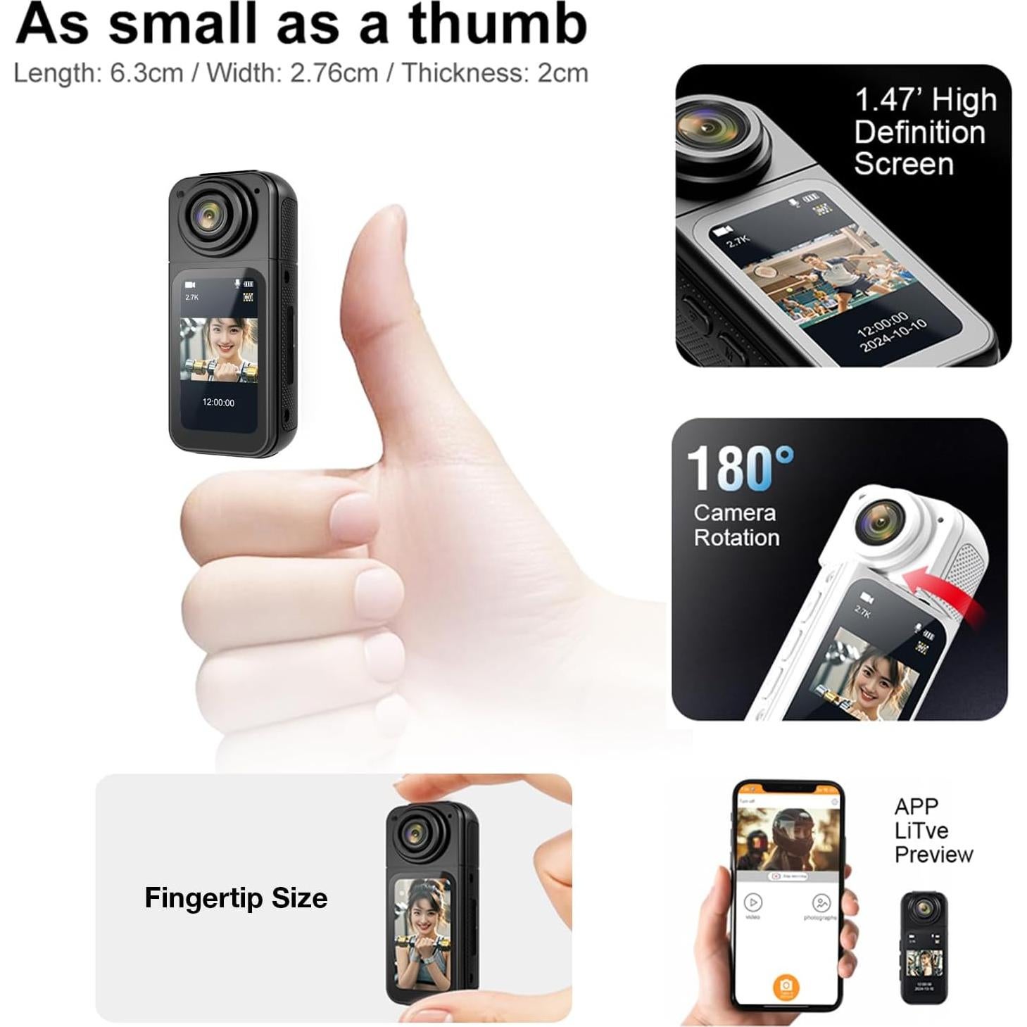 Cámara de acción CQH S70 2.7K portátil 64GB con cordón magnético