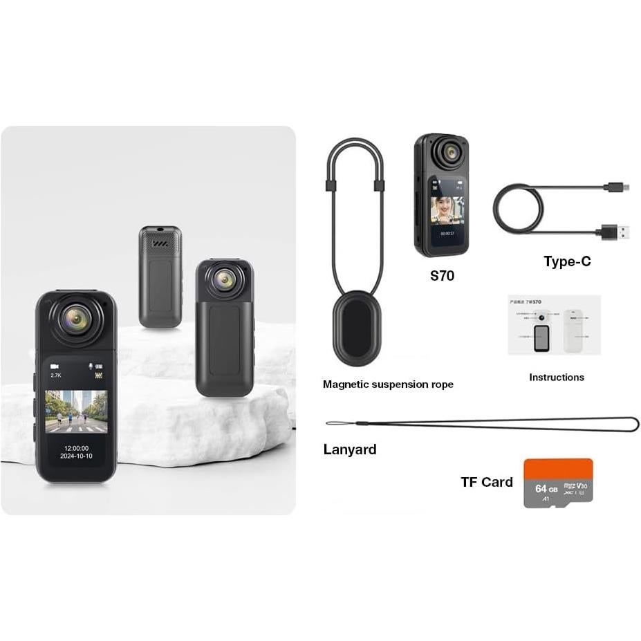 Cámara de acción CQH S70 2.7K portátil 64GB con cordón magnético