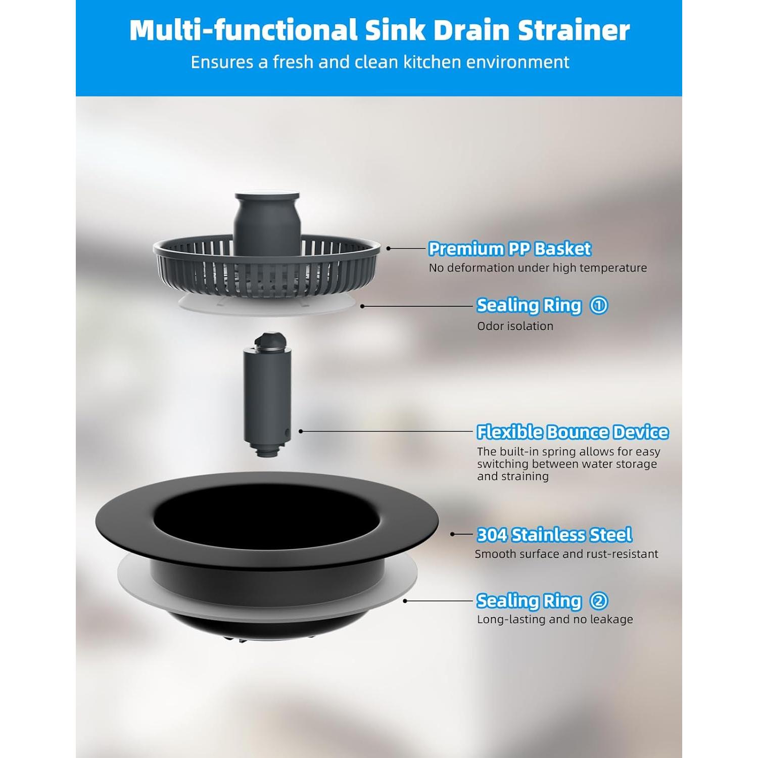 Filtro y Tapón de Drenaje Hibbent Acero Inoxidable 3 en 1 Negro
