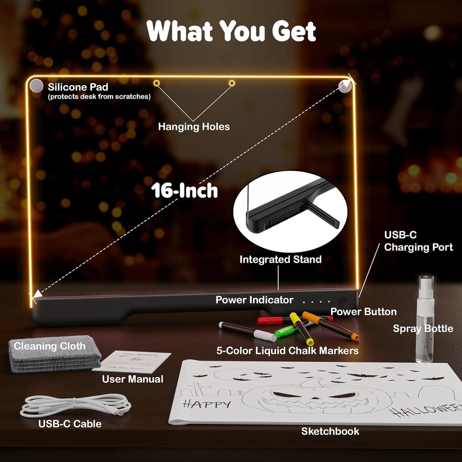 Tablero de Notas LED Recargable 16" He Yinzi E16 con 7 Modos de Luz