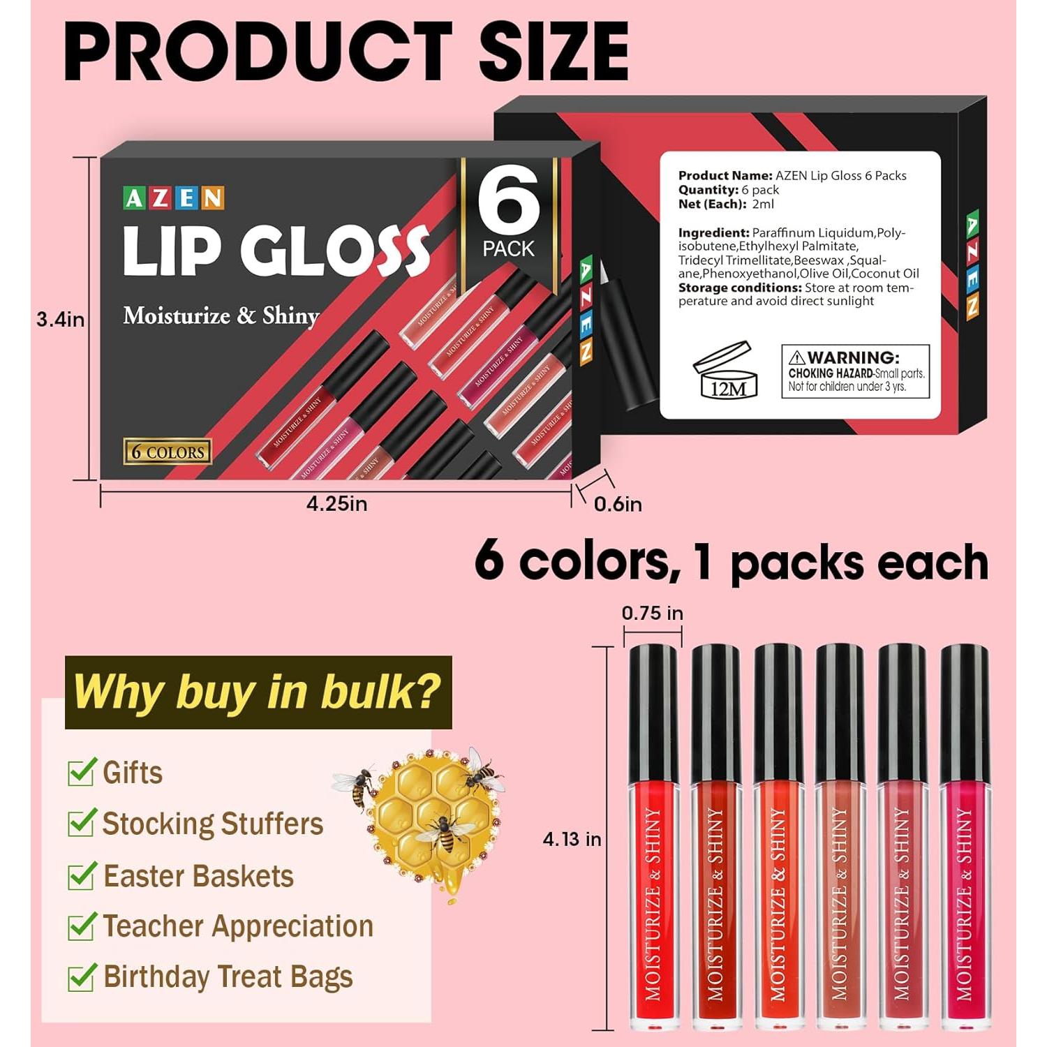 Set de 6 Brillos Labiales AZEN Hidratantes y Brillantes