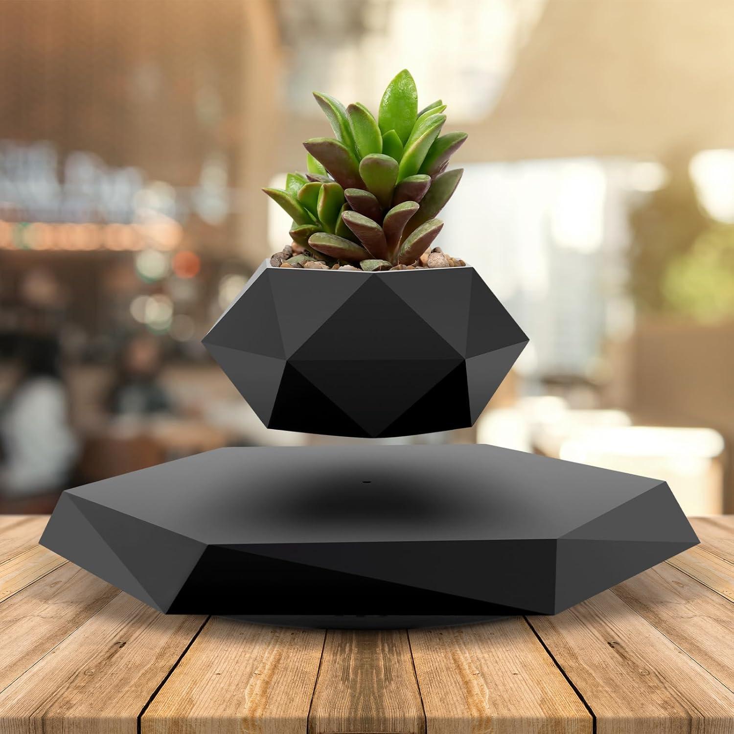 Maceta Flotante Ltwil Hexagonal Negra con Levitación Magnética
