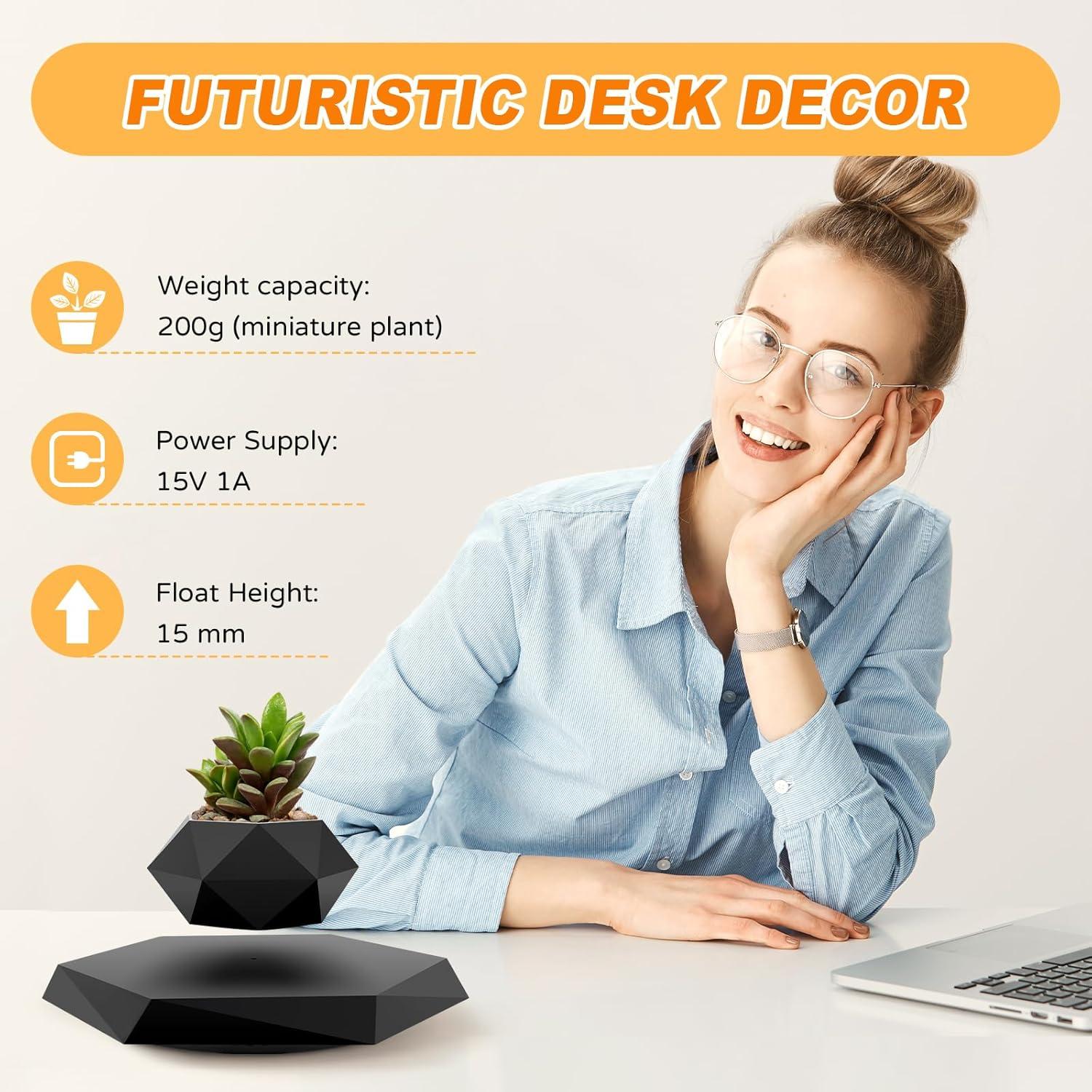 Maceta Flotante Ltwil Hexagonal Negra con Levitación Magnética