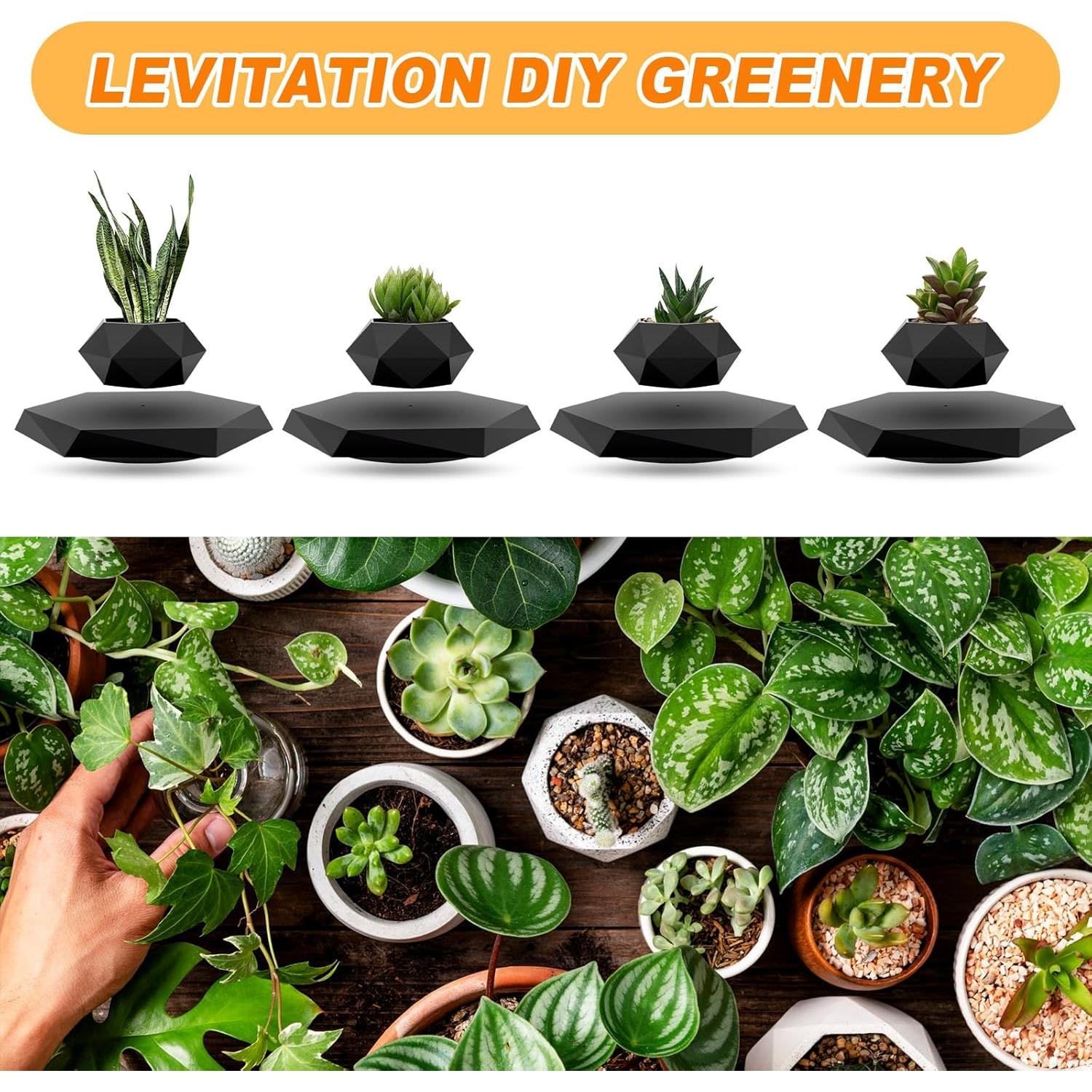 Maceta Flotante Ltwil Hexagonal Negra con Levitación Magnética