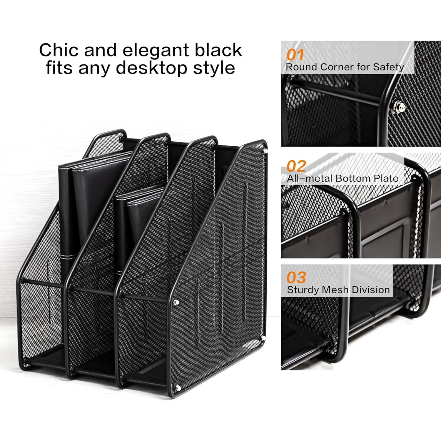 Soporte de Revistas Deli 3 Compartimentos Negro Organizador