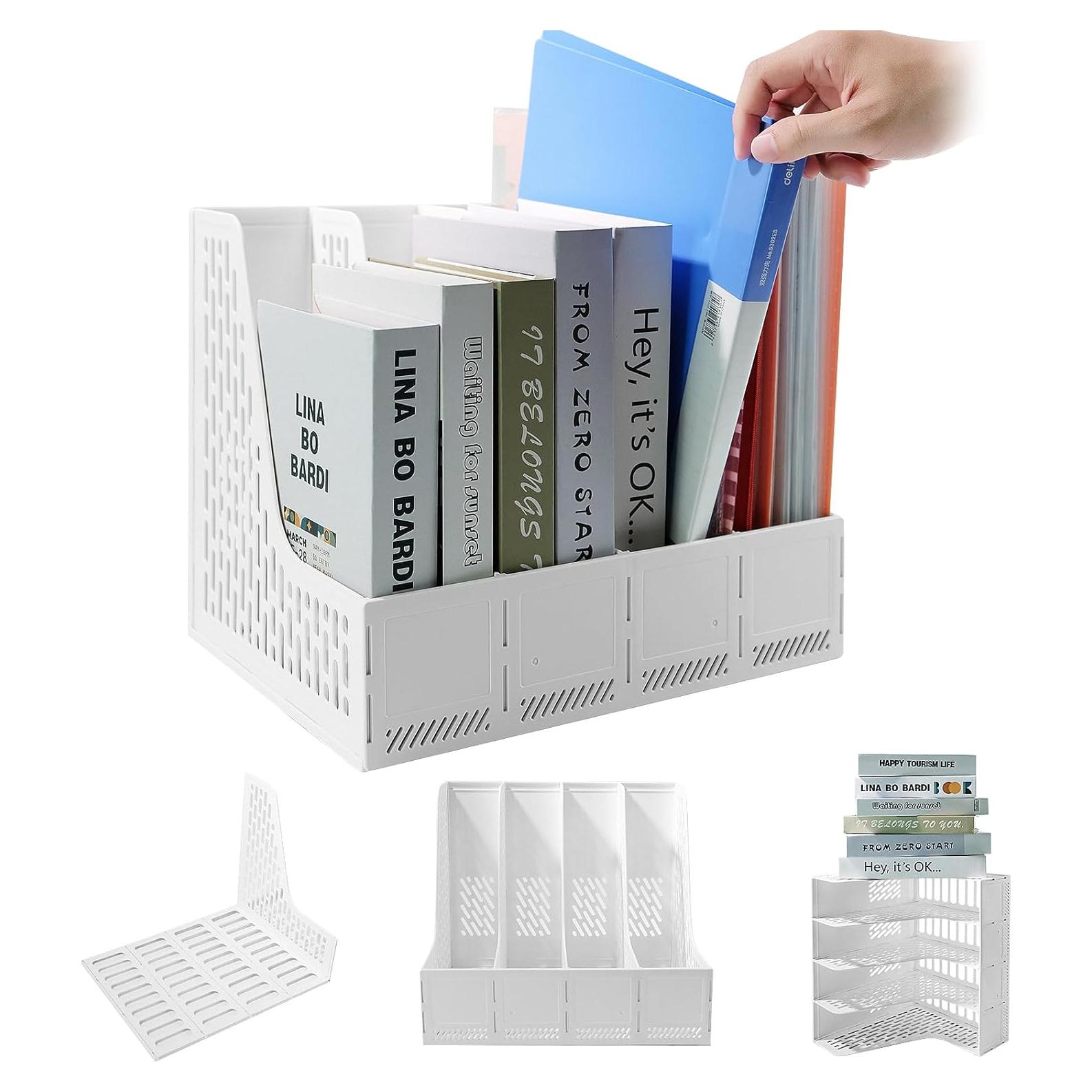 Soporte de Revistas ZQS Blanco, Organizador de Escritorio 4 Compartimentos