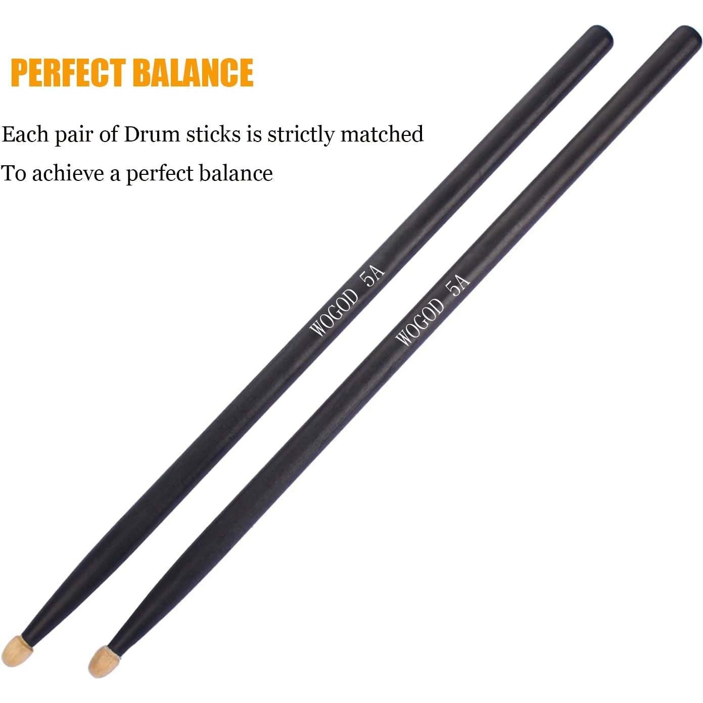 Palillos de Batería WOGOD 5A de Madera de Arce Negra - 2 Pares