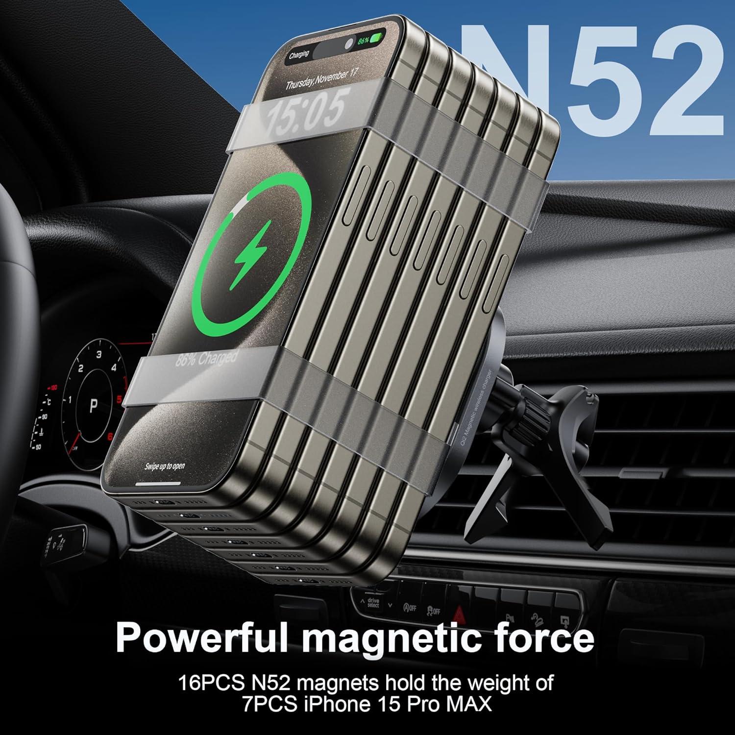 Cargador de coche MagSafe HURMAI Qi2 15W, soporte inalámbrico