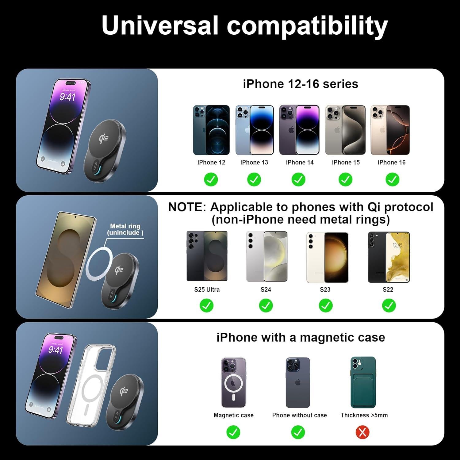 Cargador de coche MagSafe HURMAI Qi2 15W, soporte inalámbrico