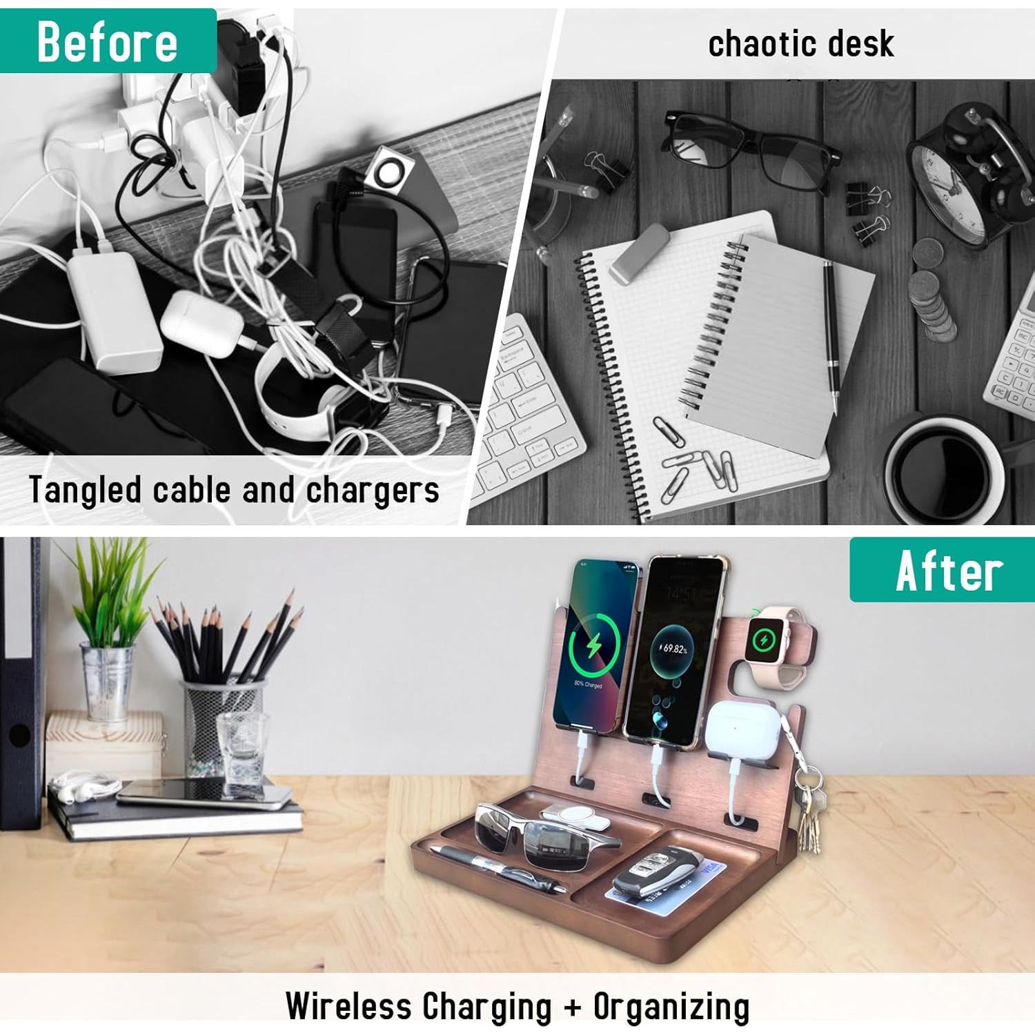 Estación de Carga de Madera Xunhomon 3 en 1 USB C QC 3.0