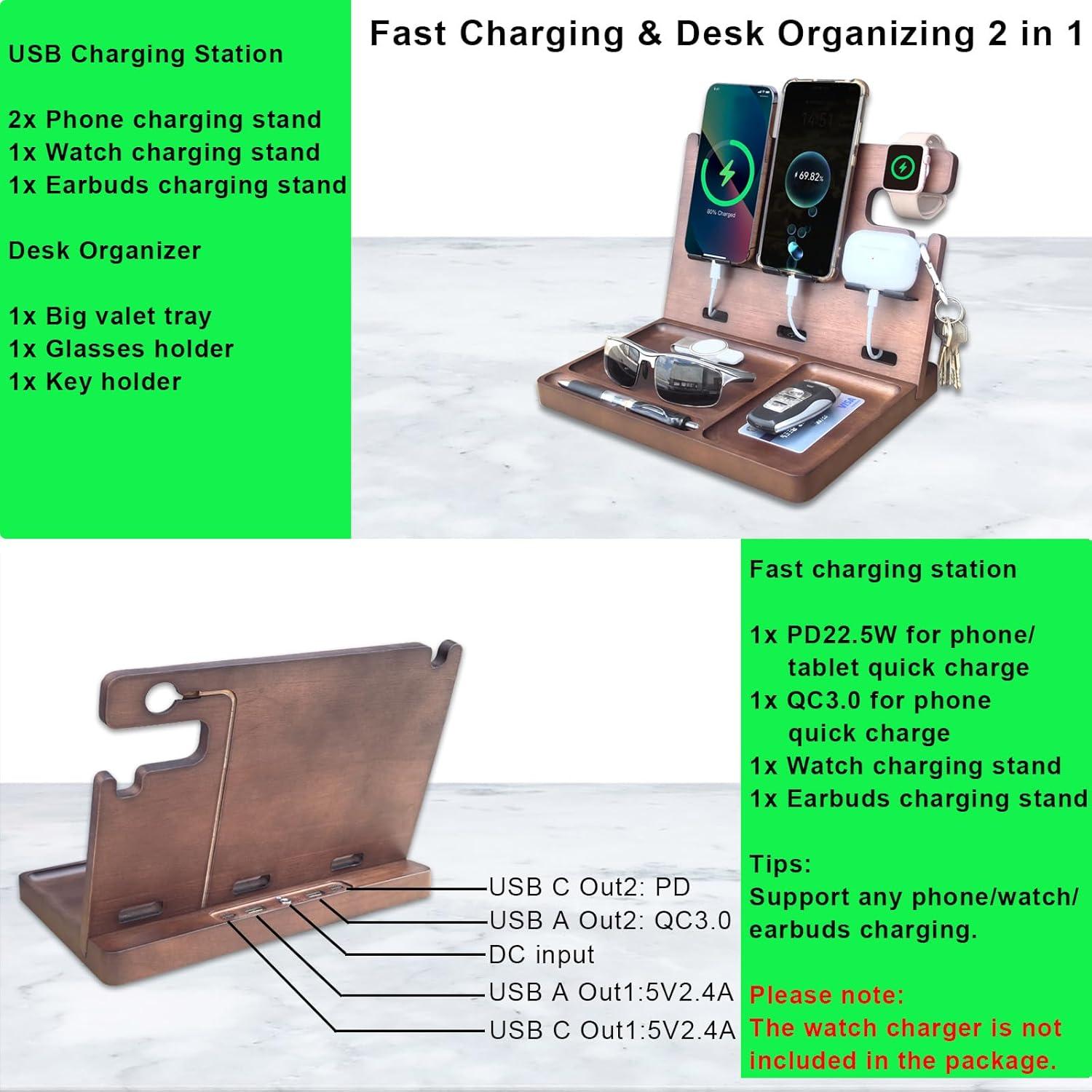 Estación de Carga de Madera Xunhomon 3 en 1 USB C QC 3.0