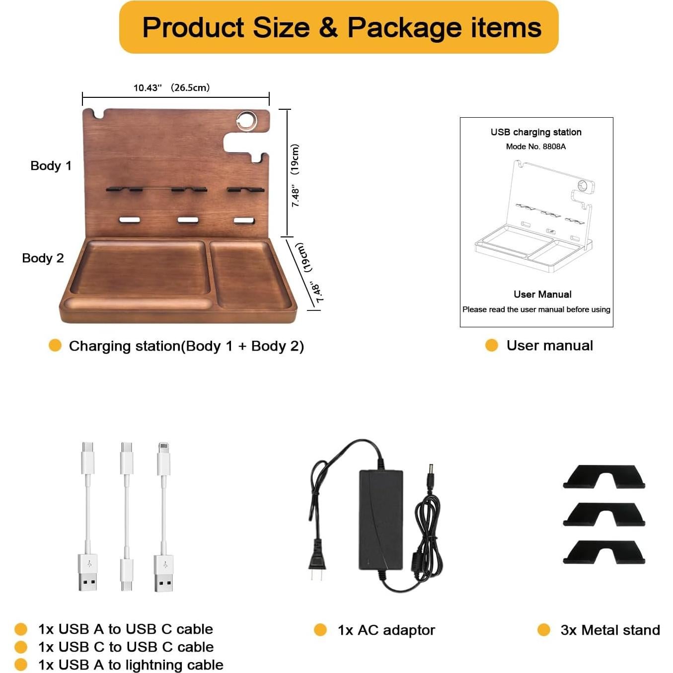 Estación de Carga de Madera Xunhomon 3 en 1 USB C QC 3.0