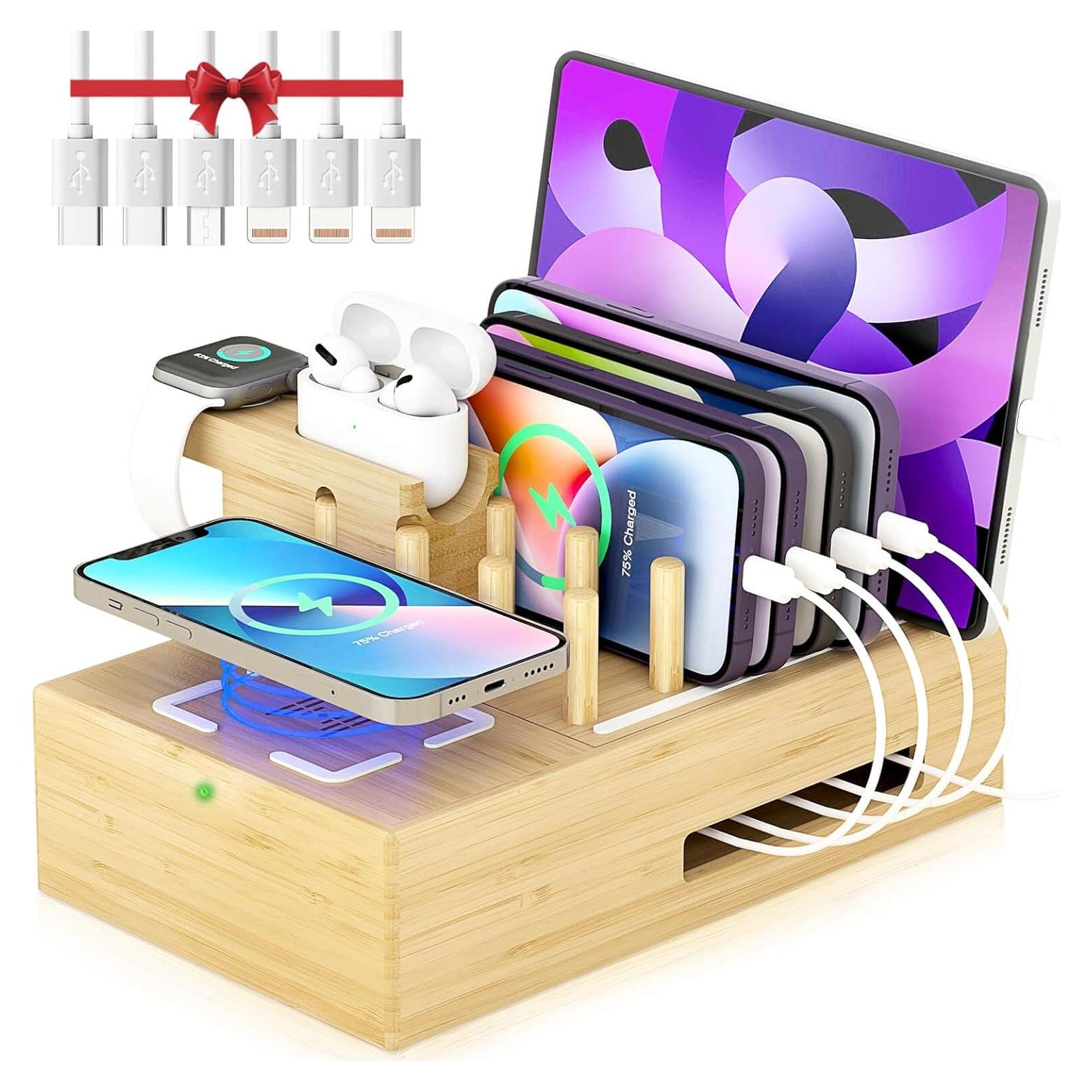 Estación de Carga Inalámbrica Darfoo de Bambú 8 en 1 con 7 Puertos USB