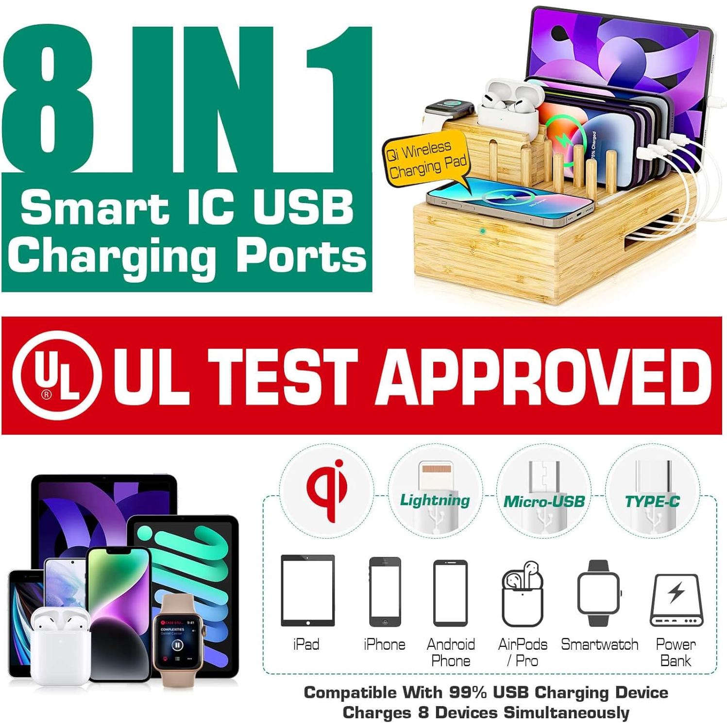 Estación de Carga Inalámbrica Darfoo de Bambú 8 en 1 con 7 Puertos USB