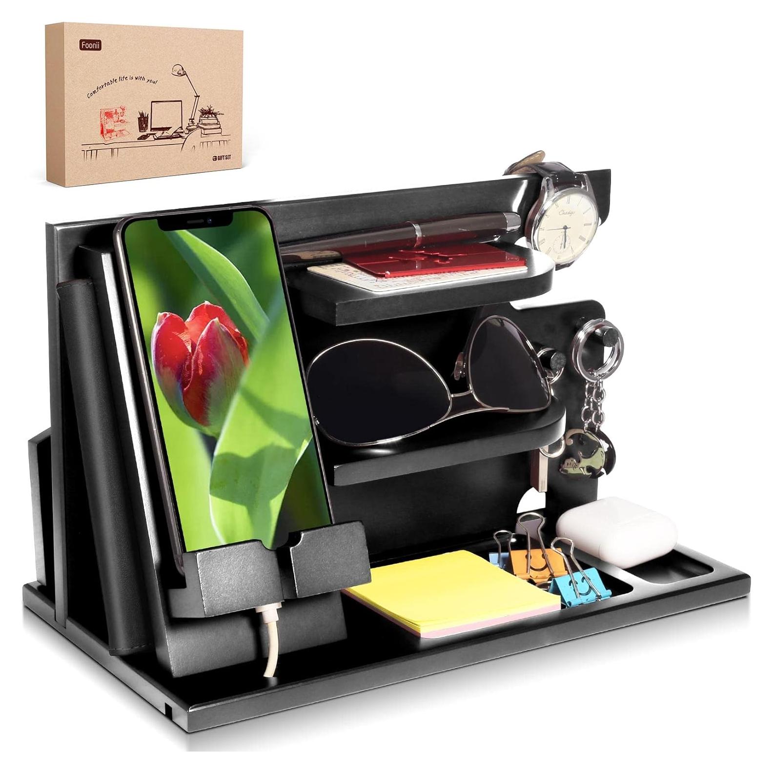 Organizador de Mesita de Noche Foonii en Madera Negra con Soporte