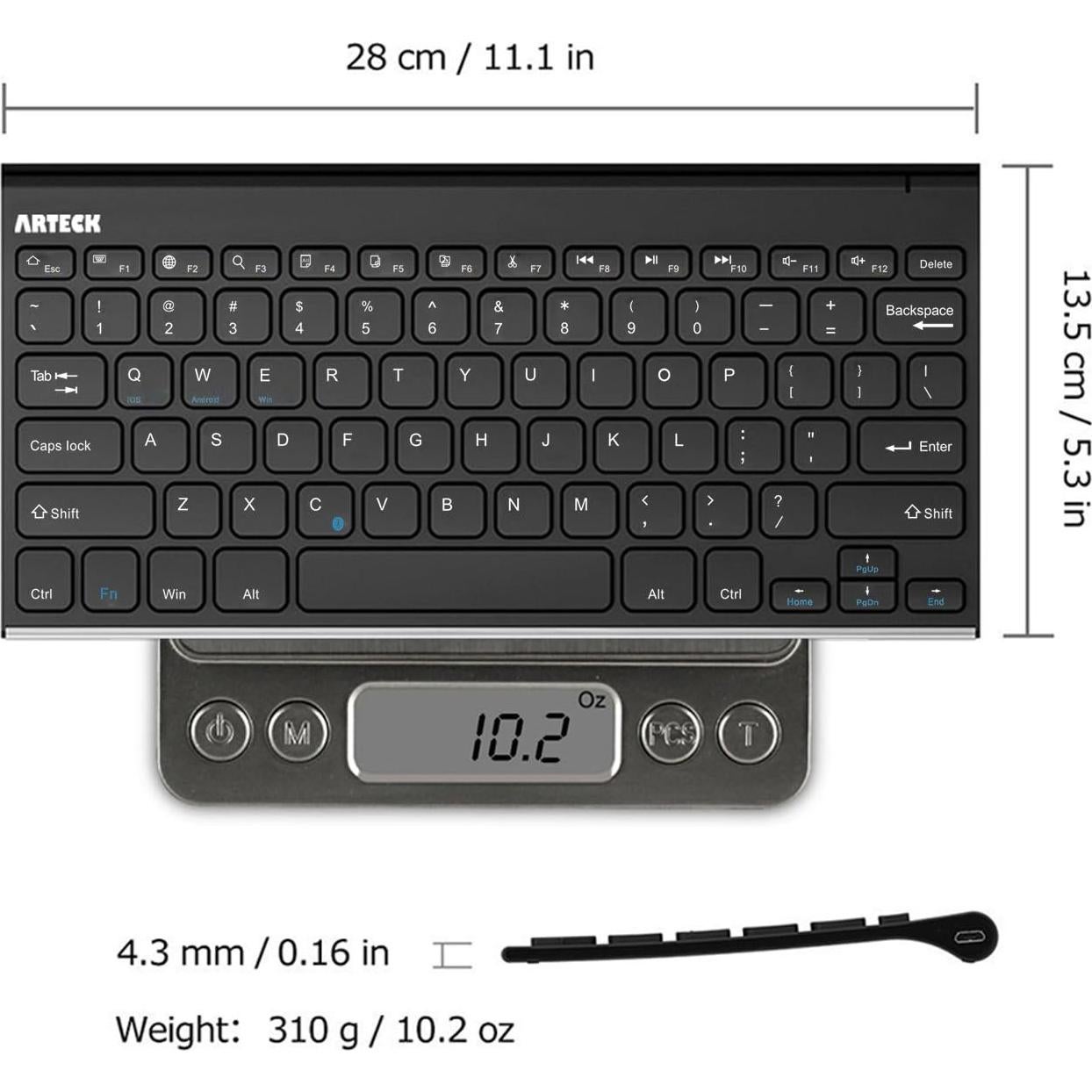 Teclado Bluetooth Arteck Inalámbrico Universal Acero 28.2x13.5cm
