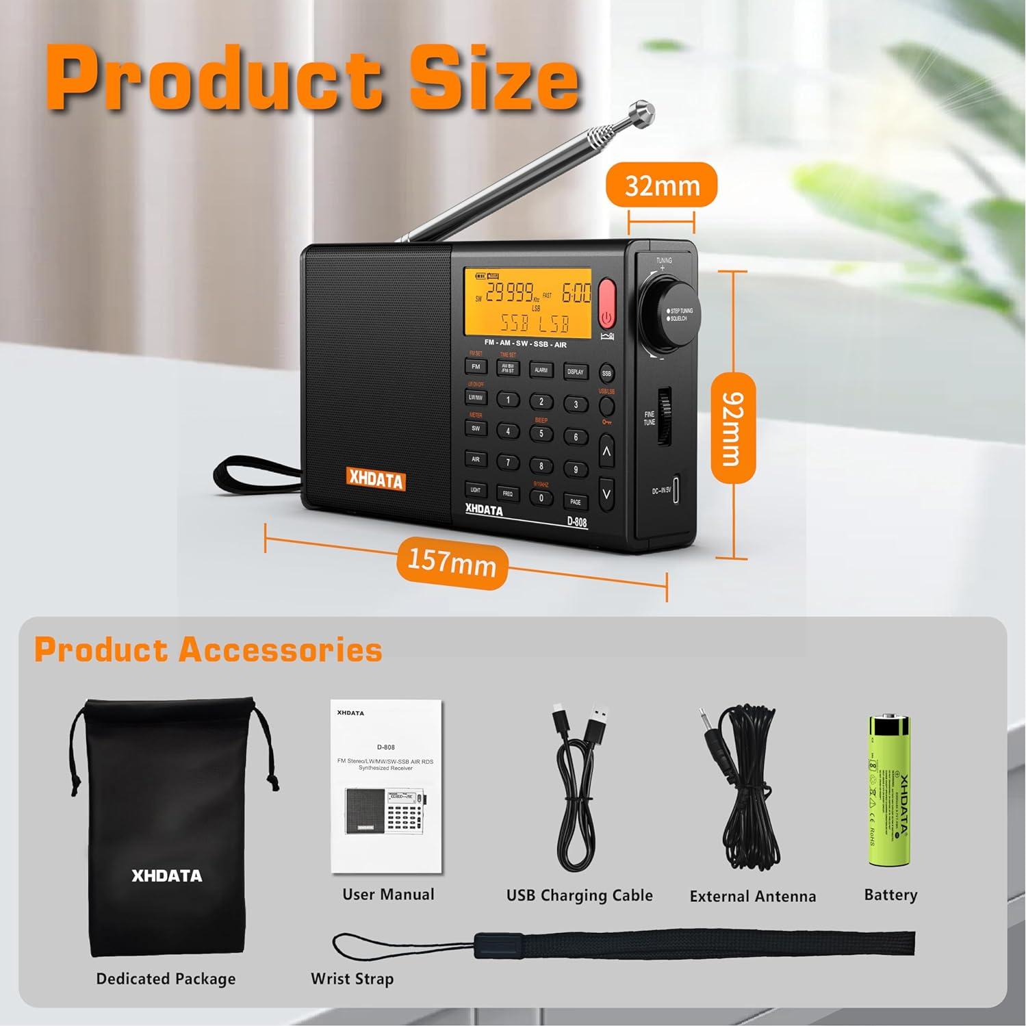 Radio Portátil Multibanda XHDATA D808 AM FM SW LW SSB