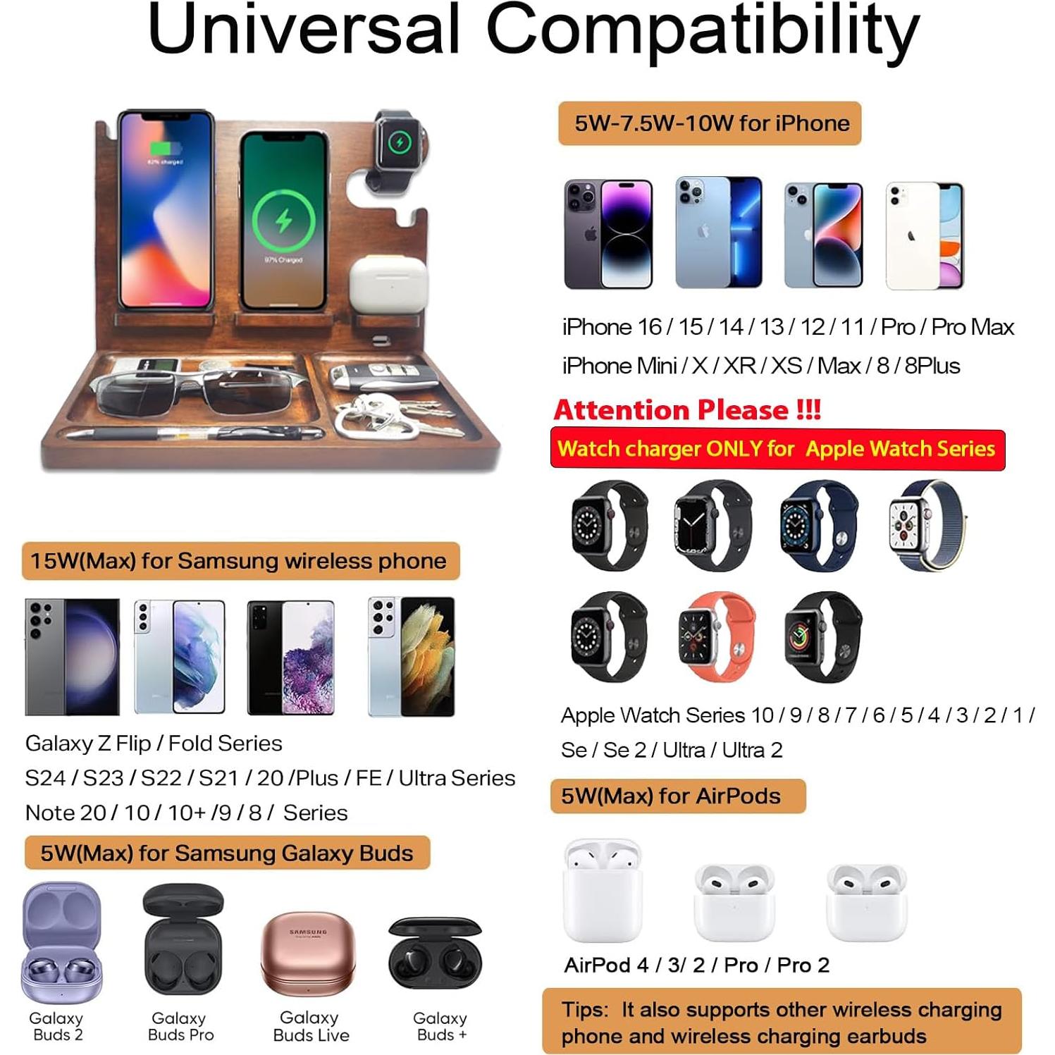 Estación de Carga Inalámbrica 3 en 1 de Madera Xunhomon