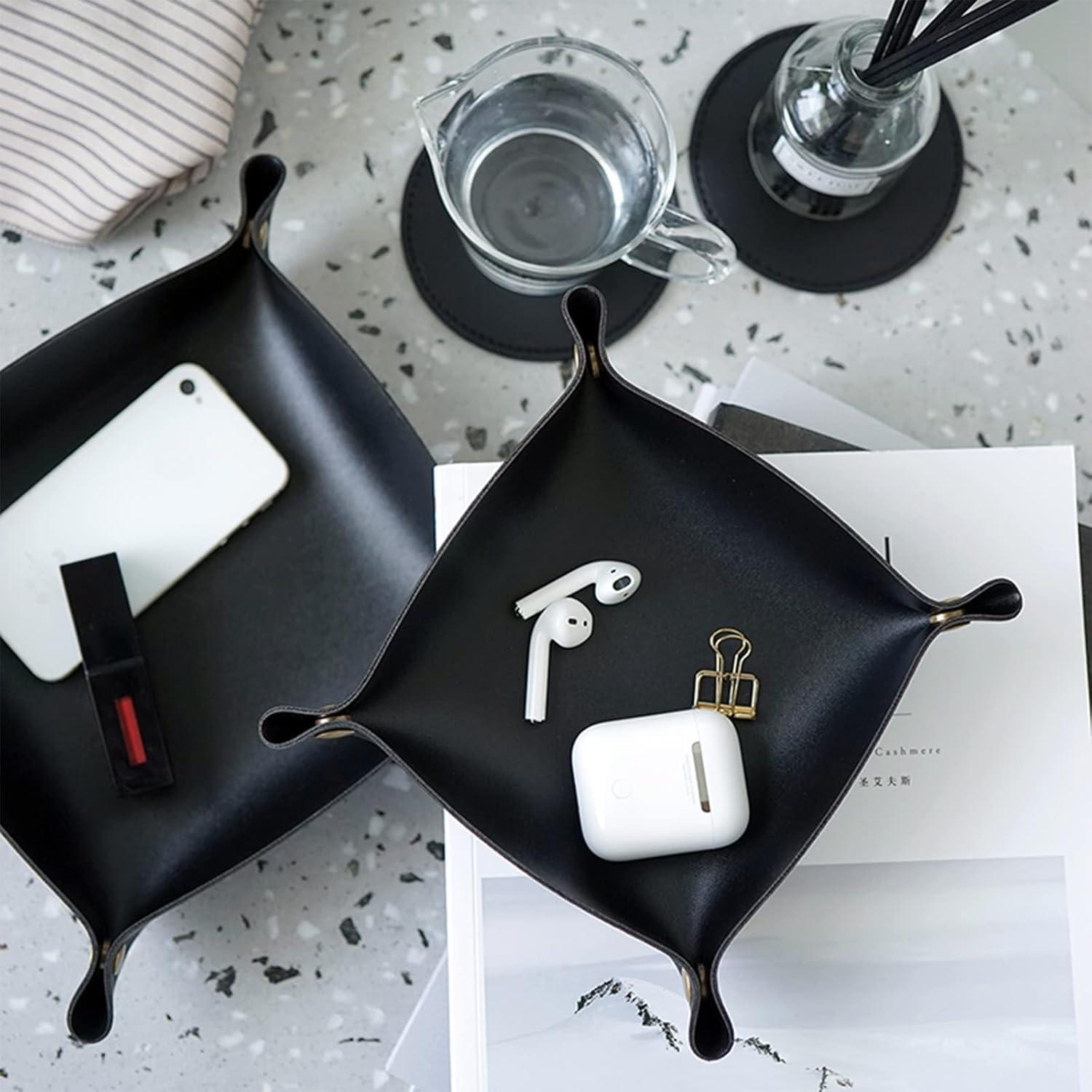 Bandeja de Valet Banugo de Cuero PU Plegable Negra 20x20cm