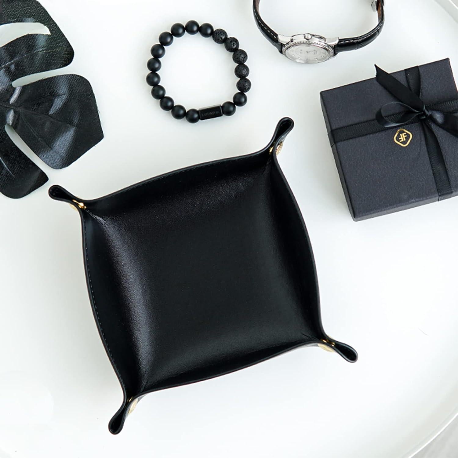 Bandeja de Valet Banugo de Cuero PU Plegable Negra 20x20cm