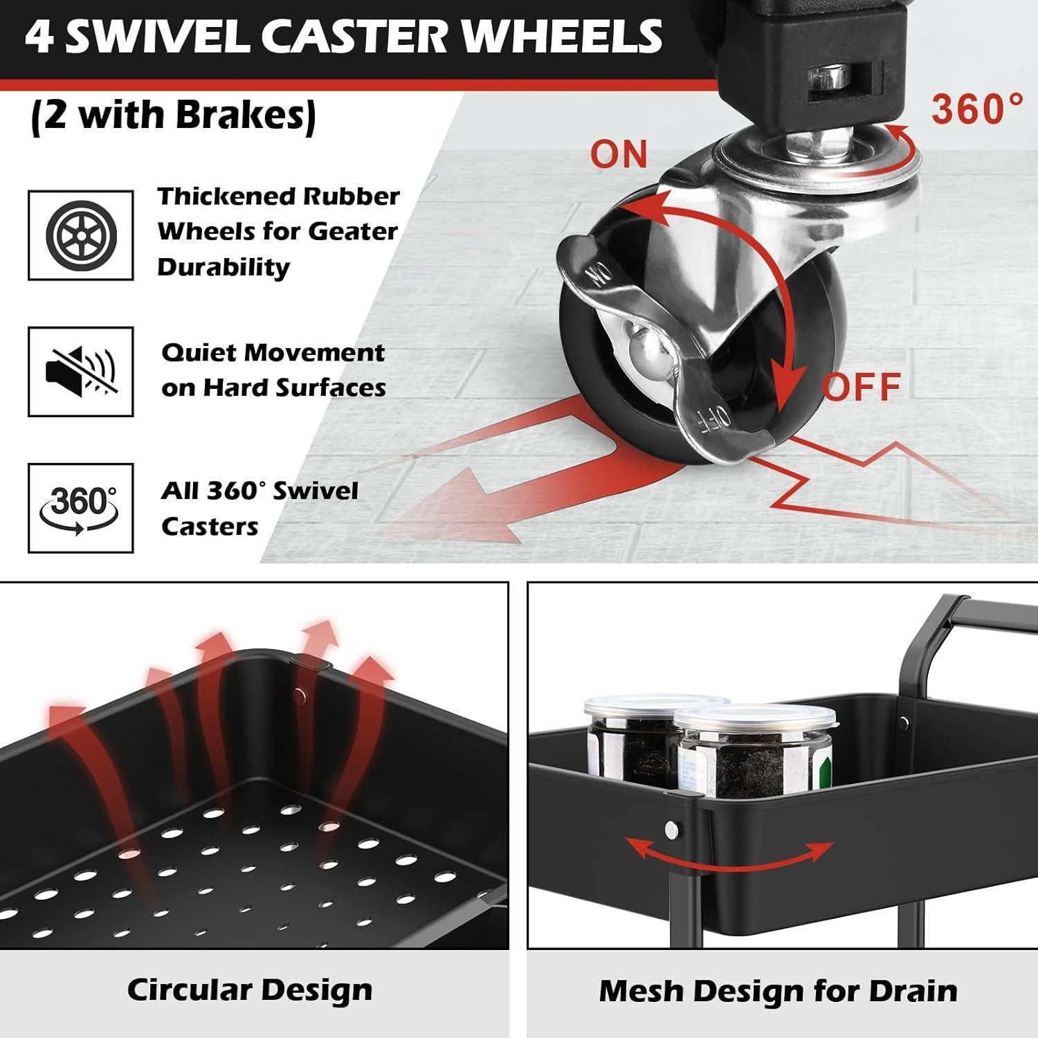 Carro Rodante de Utilidad Hamone 3 Niveles Negro con Ruedas