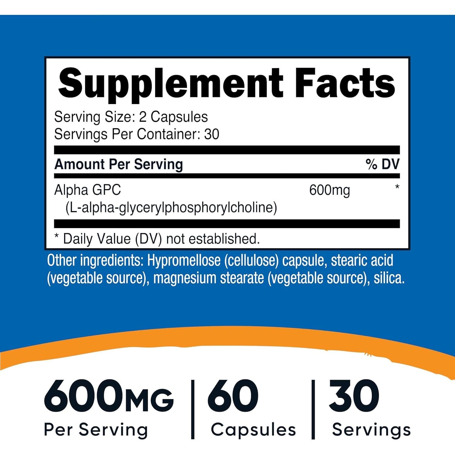 Alpha GPC 600mg Nutricost - 60 Cápsulas Vegetarianas