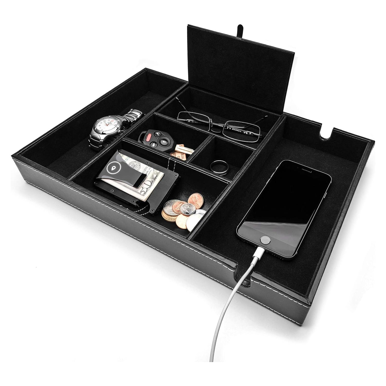 Bandeja de Valet ULTRAY de Cuero Sintético Negra, 6 Compartimentos