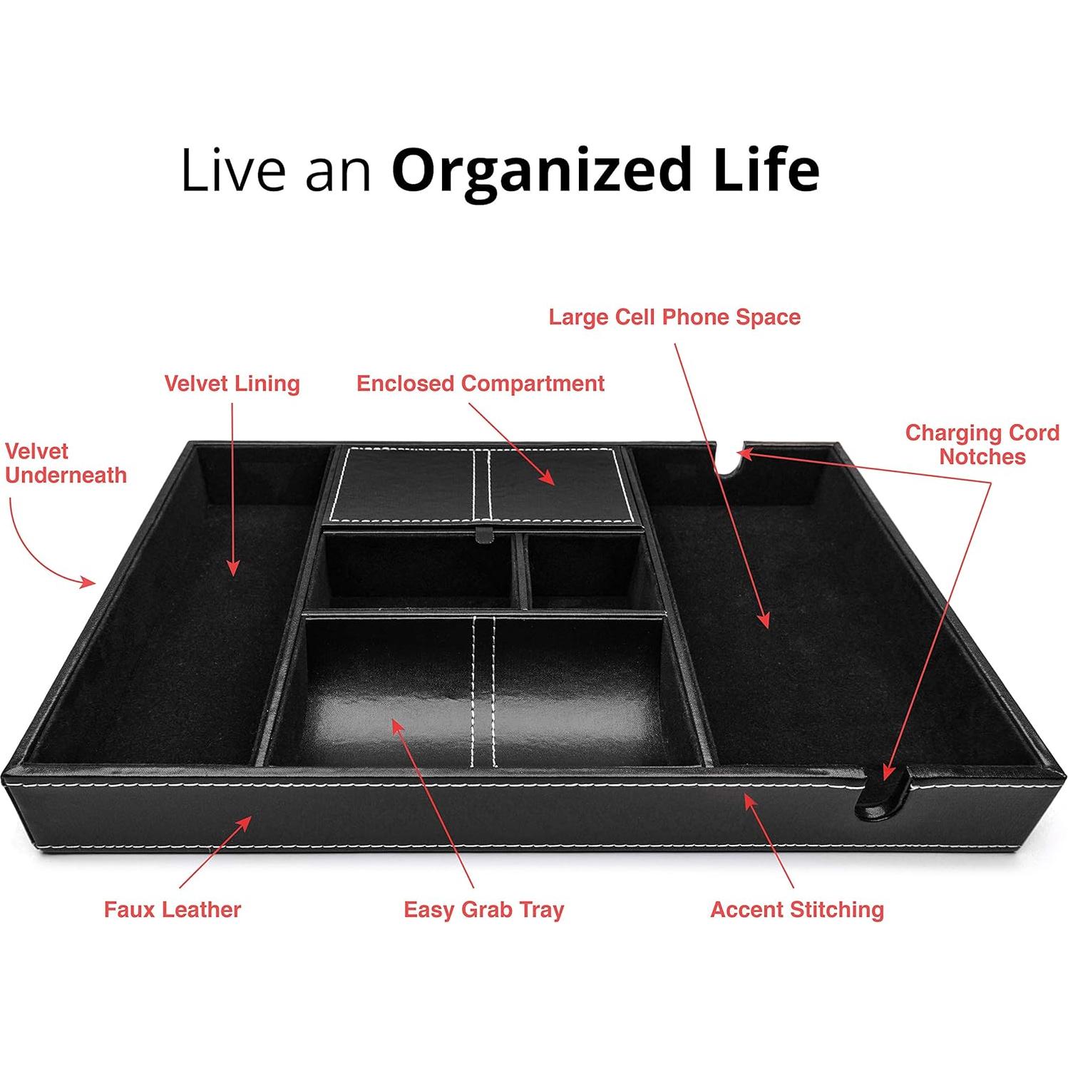 Bandeja de Valet ULTRAY de Cuero Sintético Negra, 6 Compartimentos