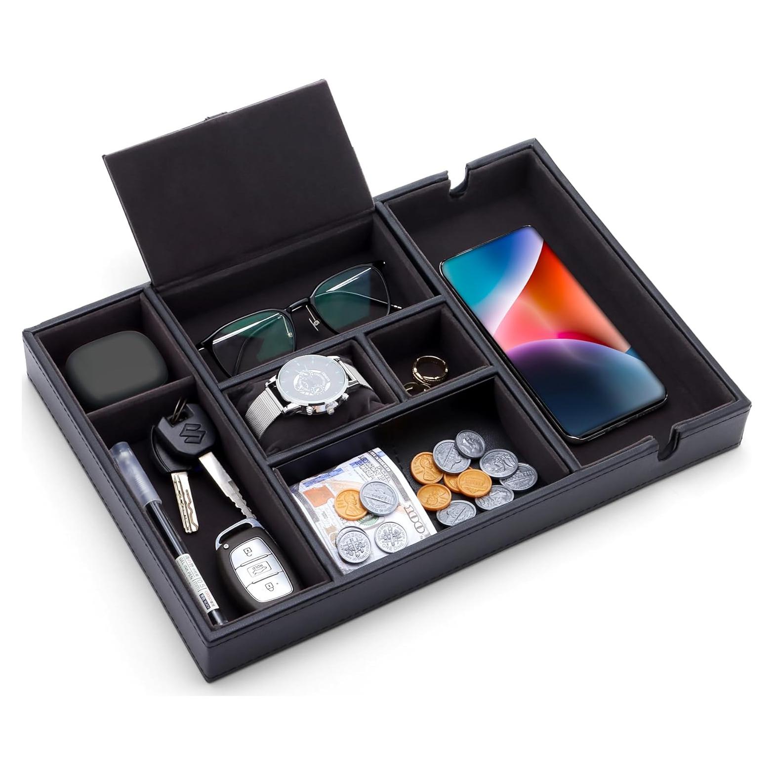 Bandeja de Valet IBURTEN para Hombres, Organizador de Mesita de Noche, 7 Compartimentos