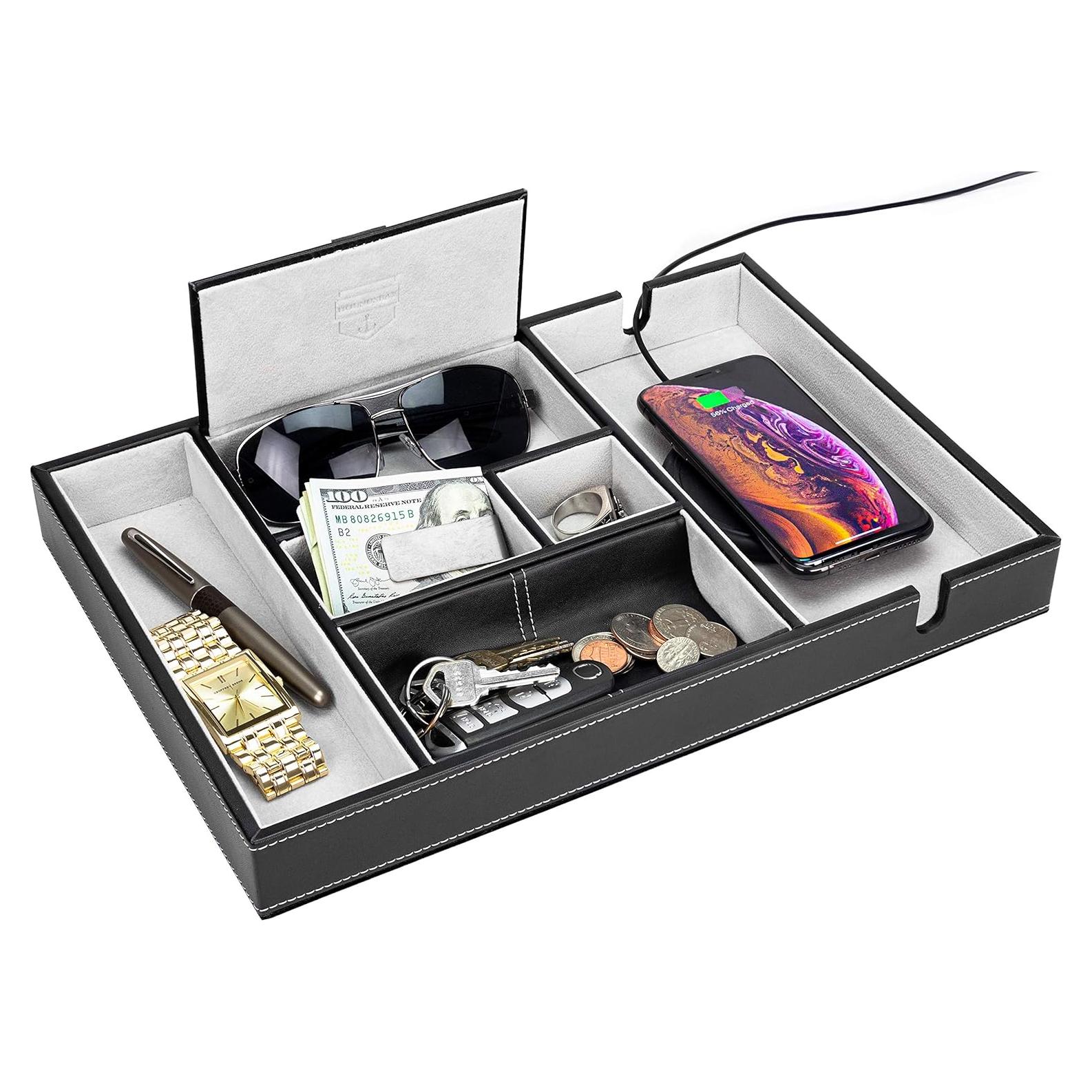 Bandeja de Cuero HOUNDSBAY para Hombres, 6 Compartimentos, Negro/Gris