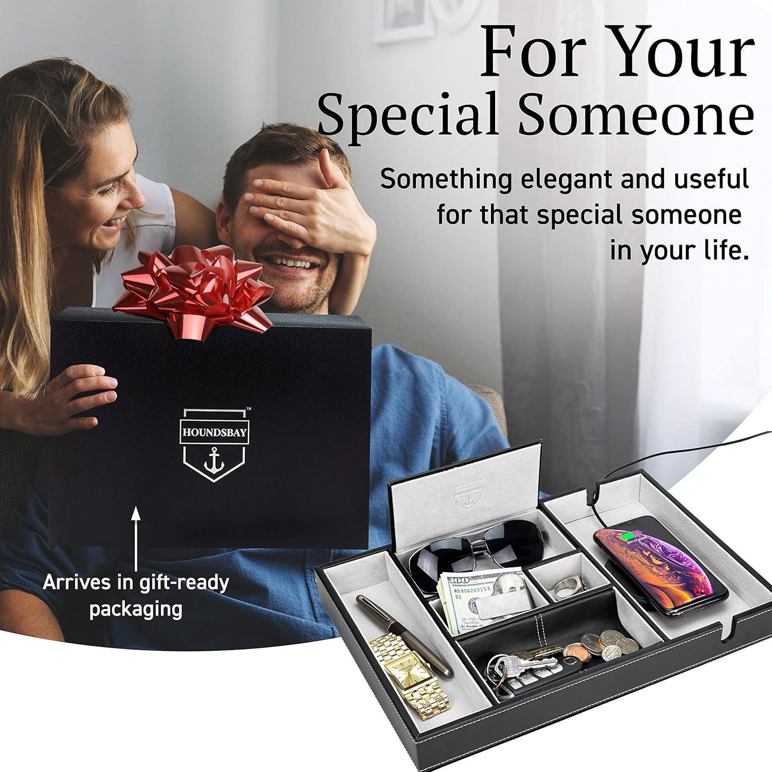 Bandeja de Cuero HOUNDSBAY para Hombres, 6 Compartimentos, Negro/Gris