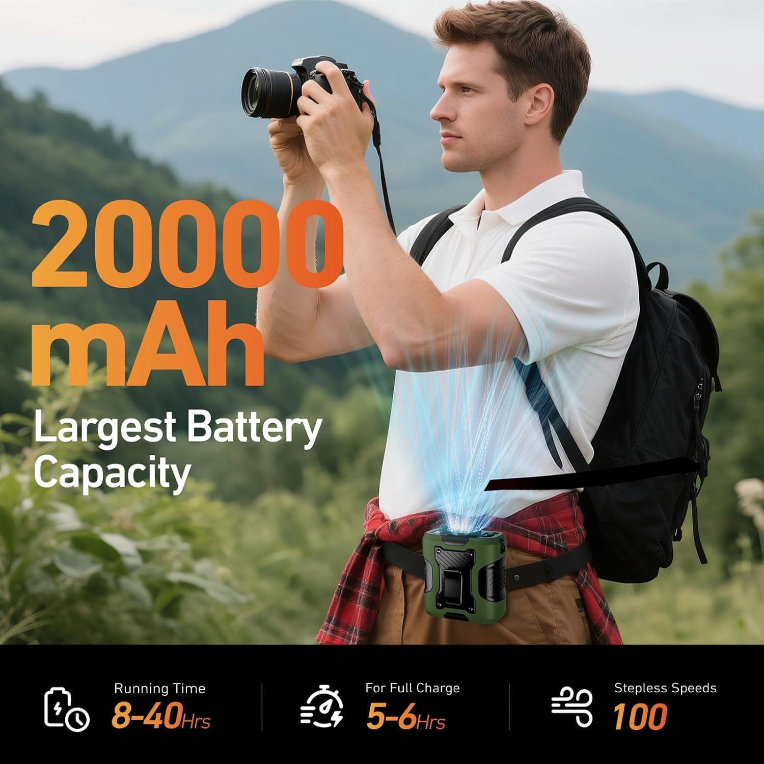 Ventilador de Cintura Portátil Enioem 20000mAh 100 Velocidades Verde